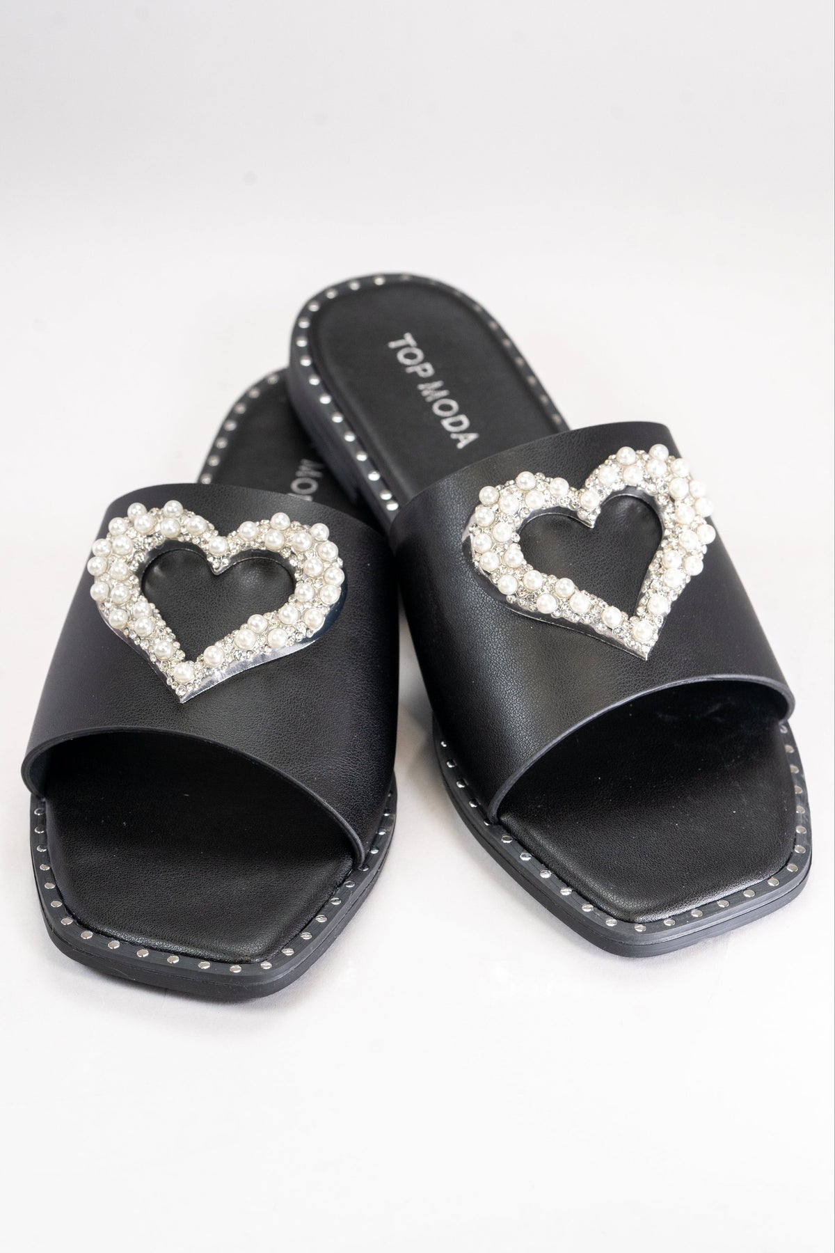 Flat Slide Sandals with Pearl &amp; Rhinestone Heart (SALE)