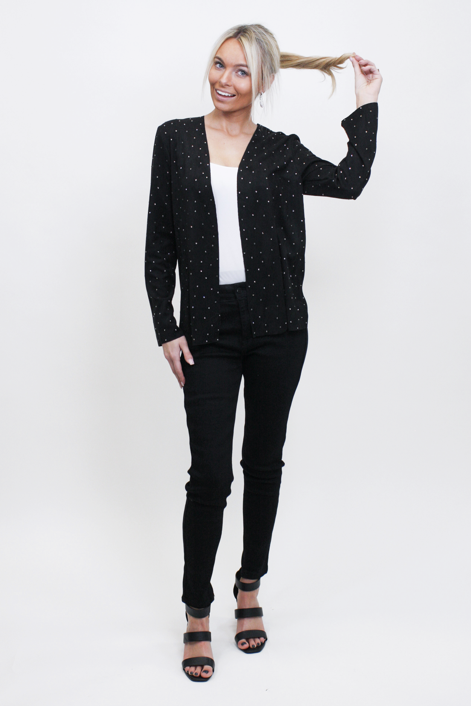 Rhinestone Covered Faux Suede Open Front Jacket