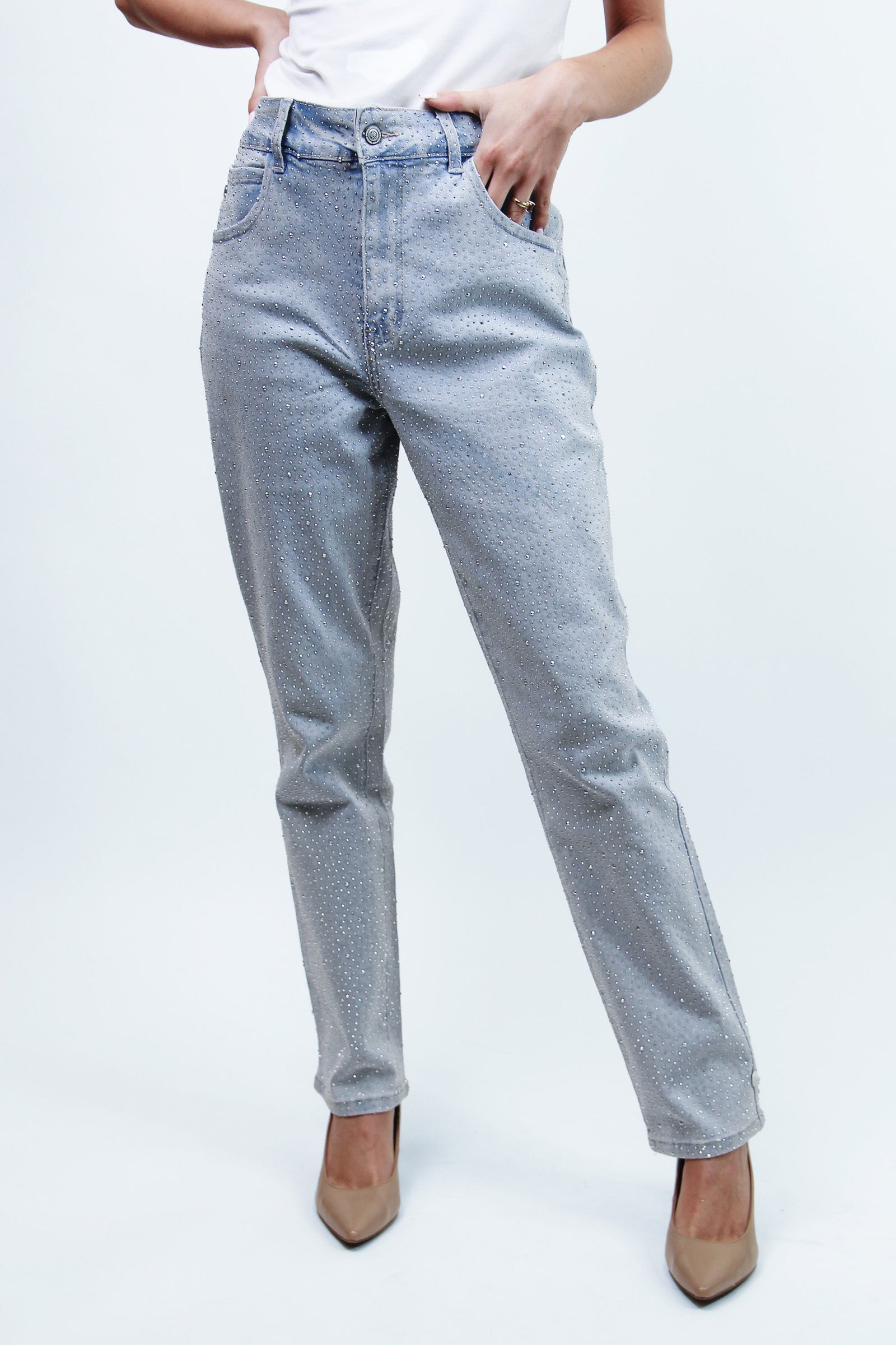 High Rise Skinny Jeans w/ Front & Back Rhinestone Embellishments