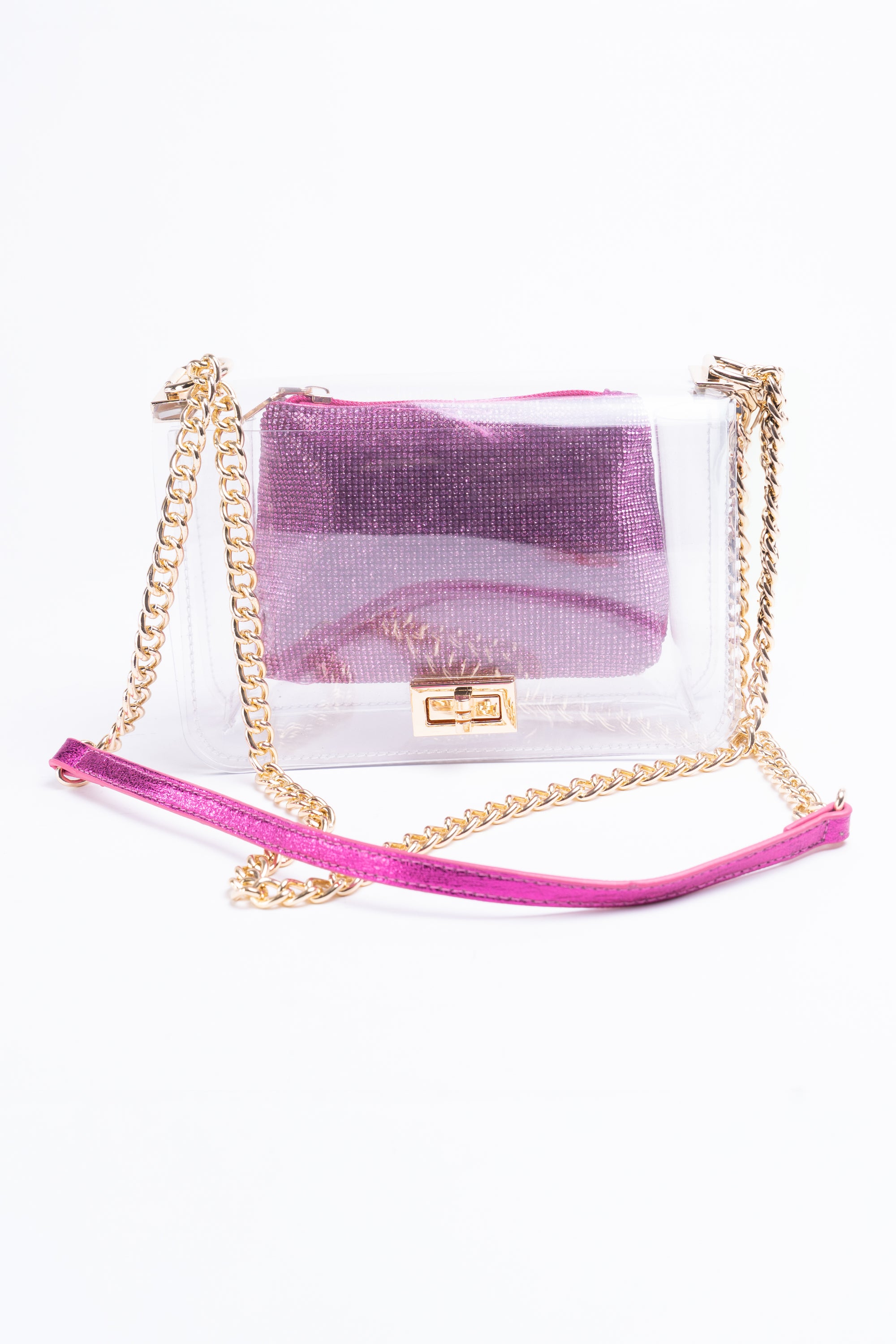 Clear Vinyl Handbag w/ Rhinestone Zip Pouch & Chain/Metallic Vinyl Straps