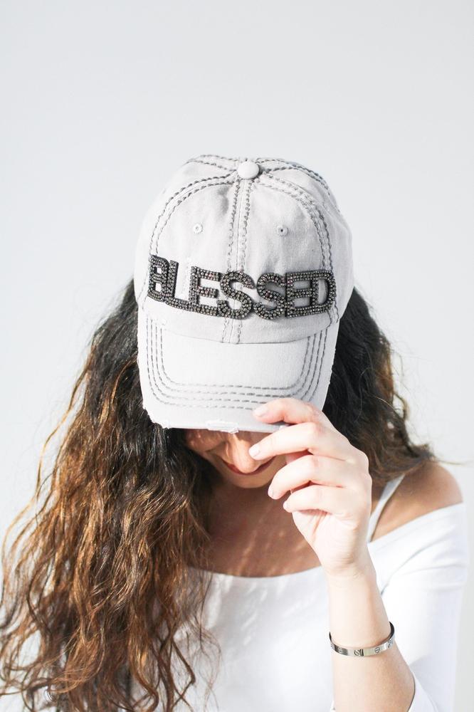 Distressed Rhinestone Blessed Baseball Hat