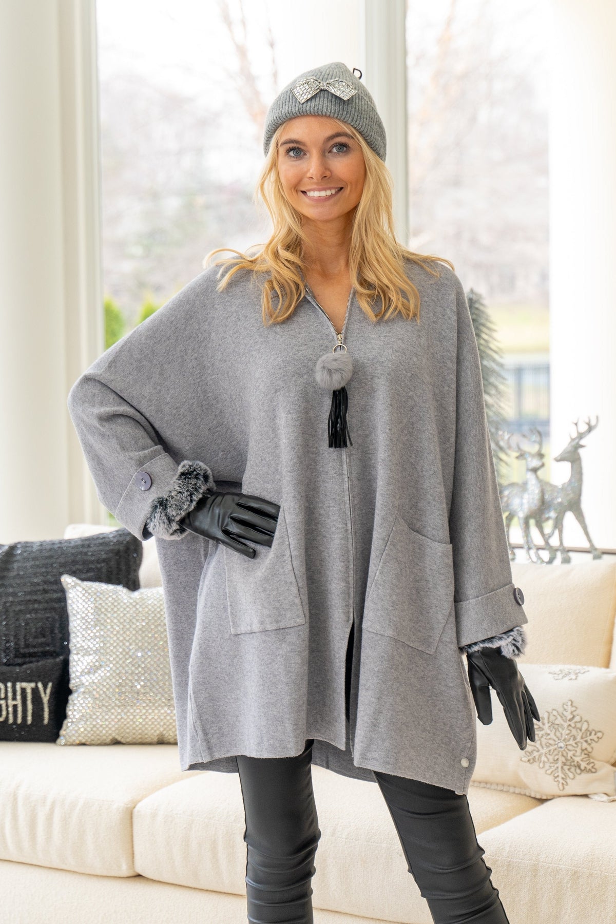 Tassel Charm Zipper Front Italian Cardigan