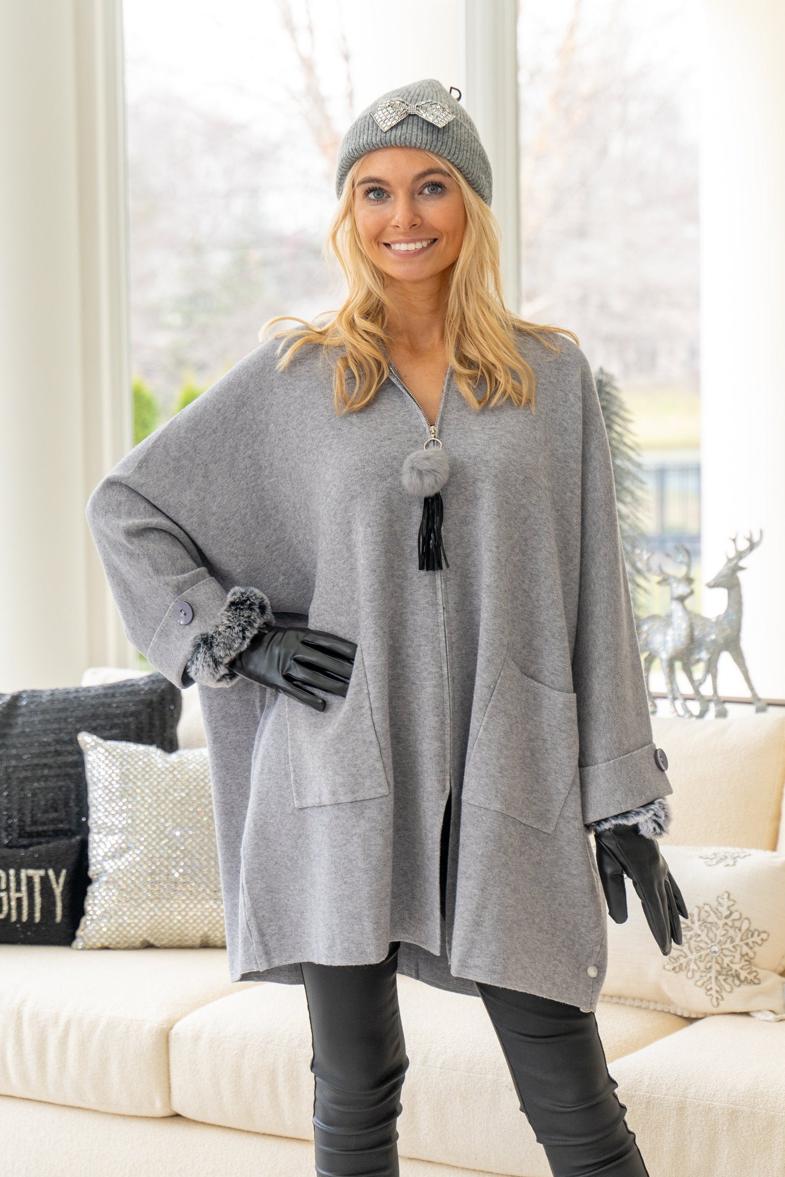 Tassel Charm Zipper Front Italian Cardigan