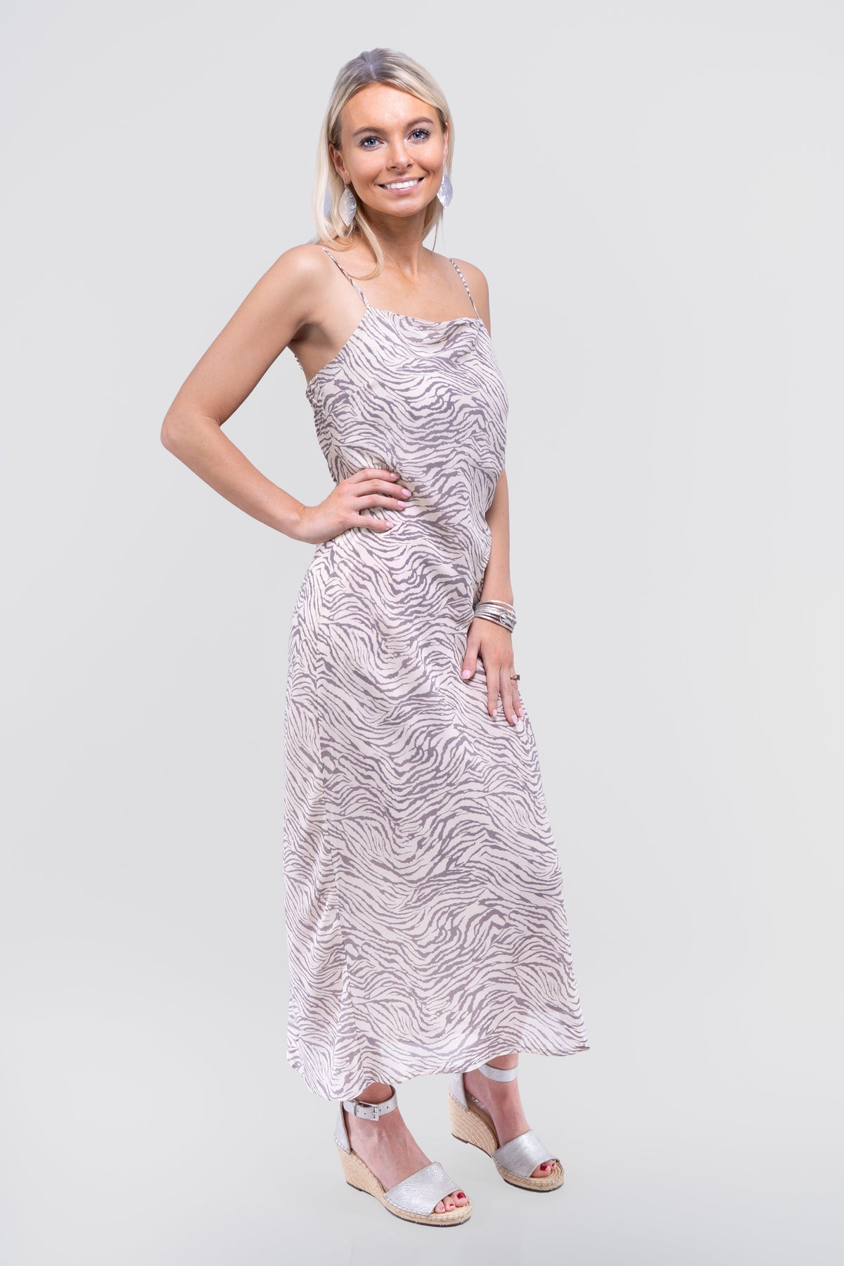 Zebra Print Spaghetti Strap Dress w/ Side Ruching & Slit(SALE)