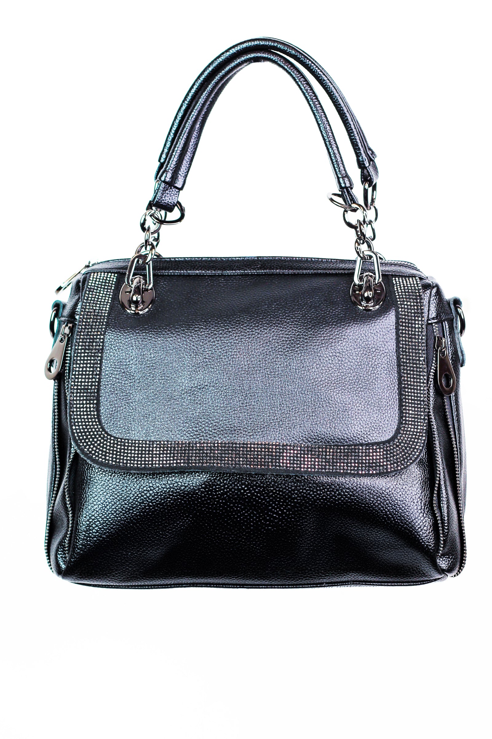 Vinyl Purse w/ Rhinestone Trimmed Flap and Handle Chains