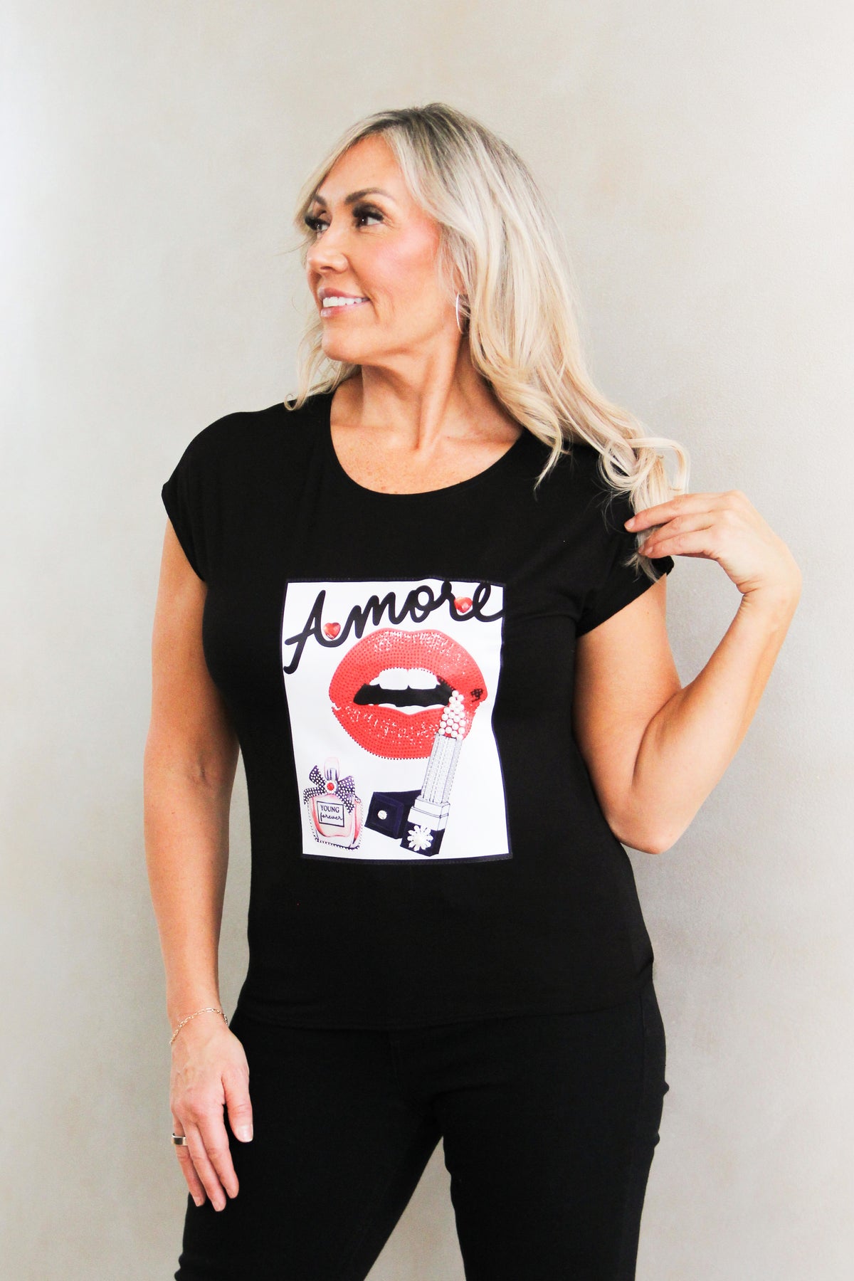 &quot;Amore Lips &amp; Lipstick&quot; Statement Tee w/ Rhinestone Accents