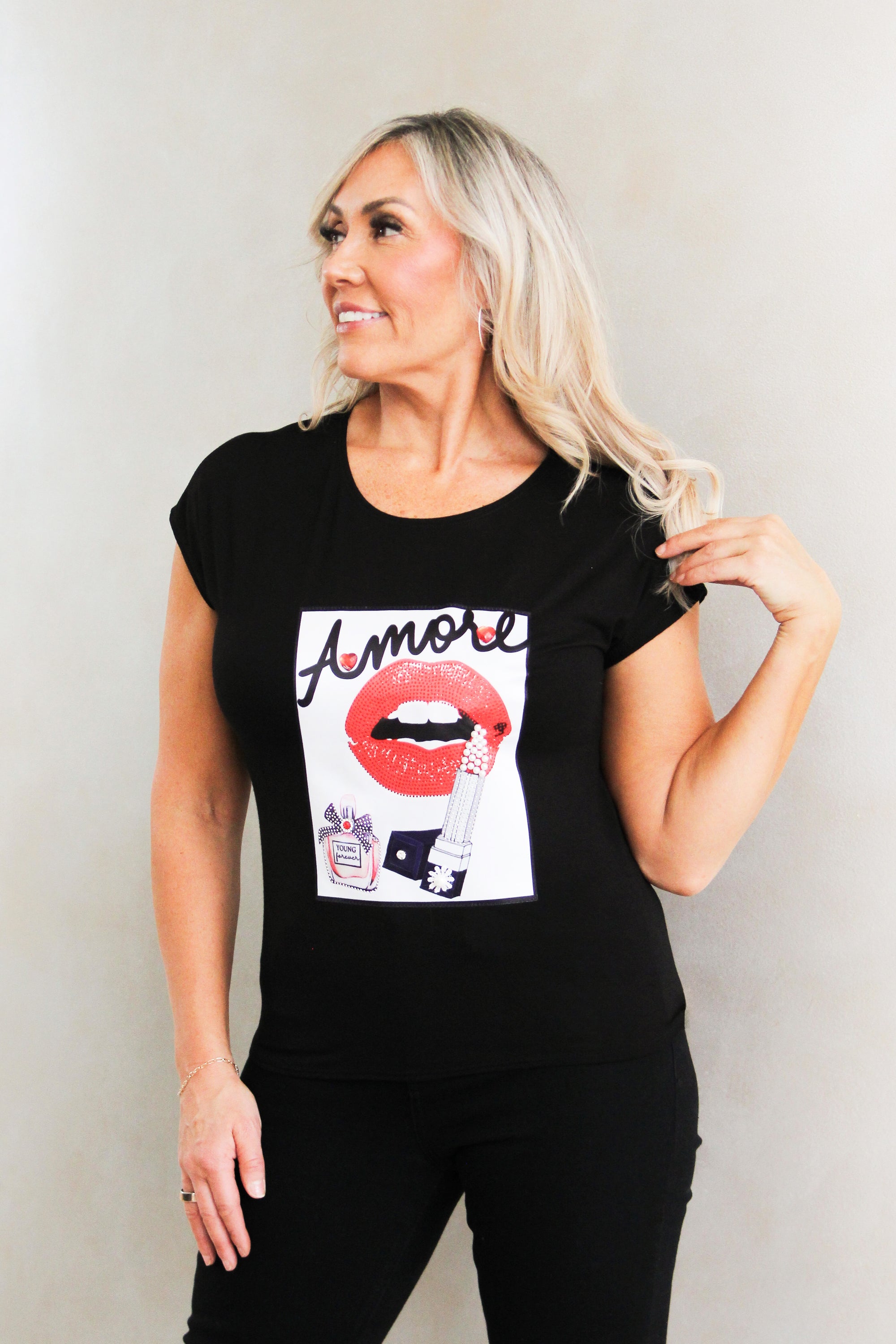 "Amore Lips & Lipstick" Statement Tee w/ Rhinestone Accents