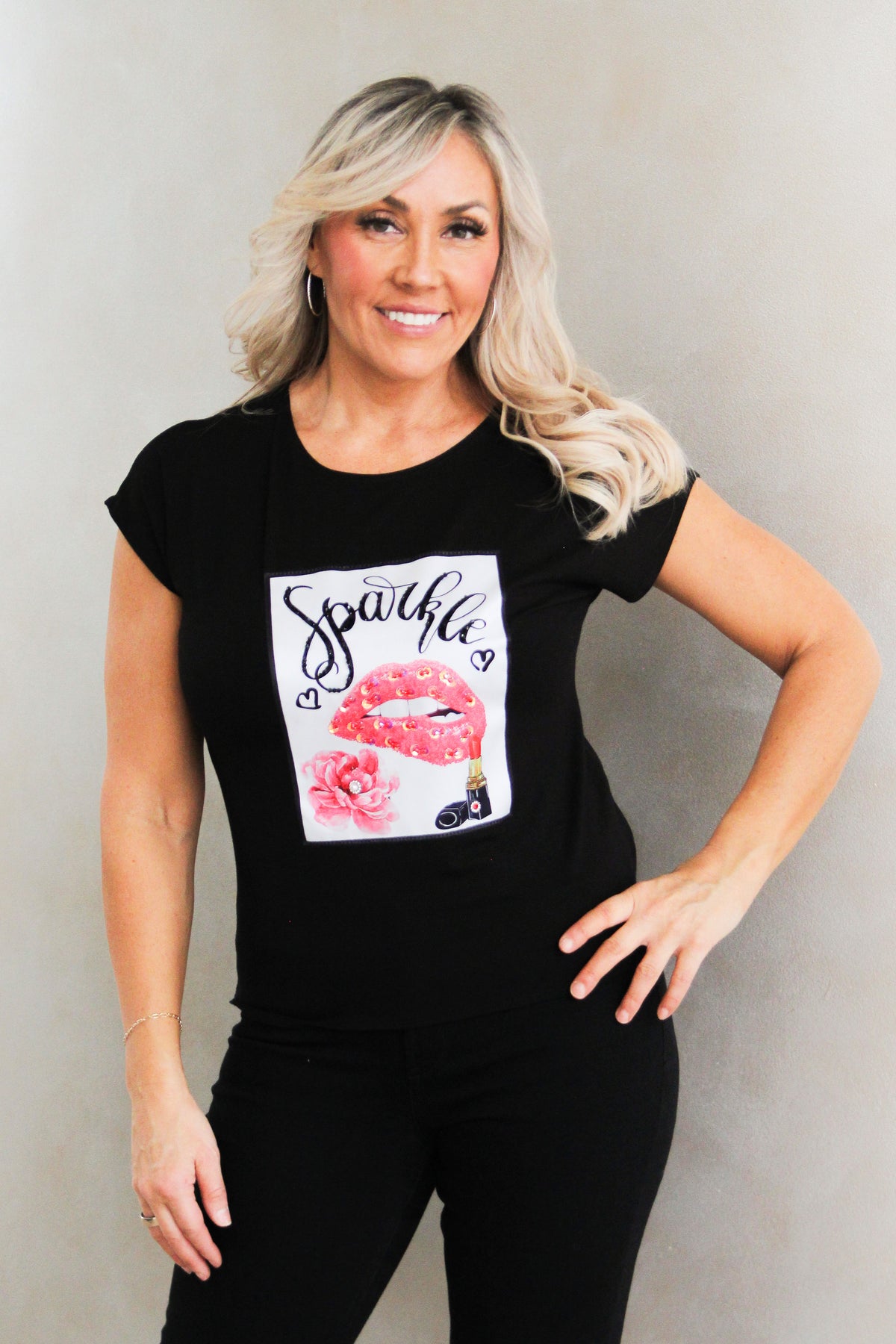 "Sparkle Lips & Lipstick" Statement Tee w/ Rhinestone Accents