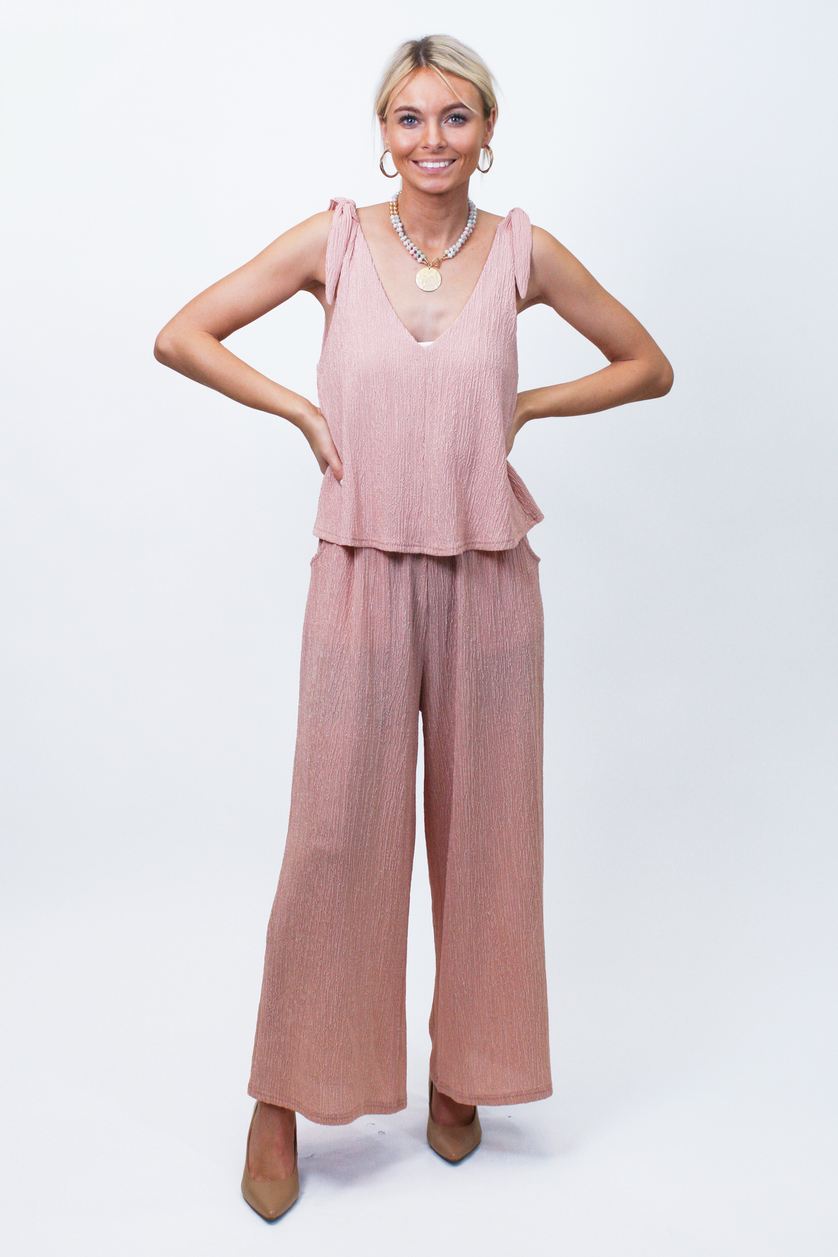 Crinkle Knit V-Neck Sleeveless Jumpsuit w/ Shoulder Ties