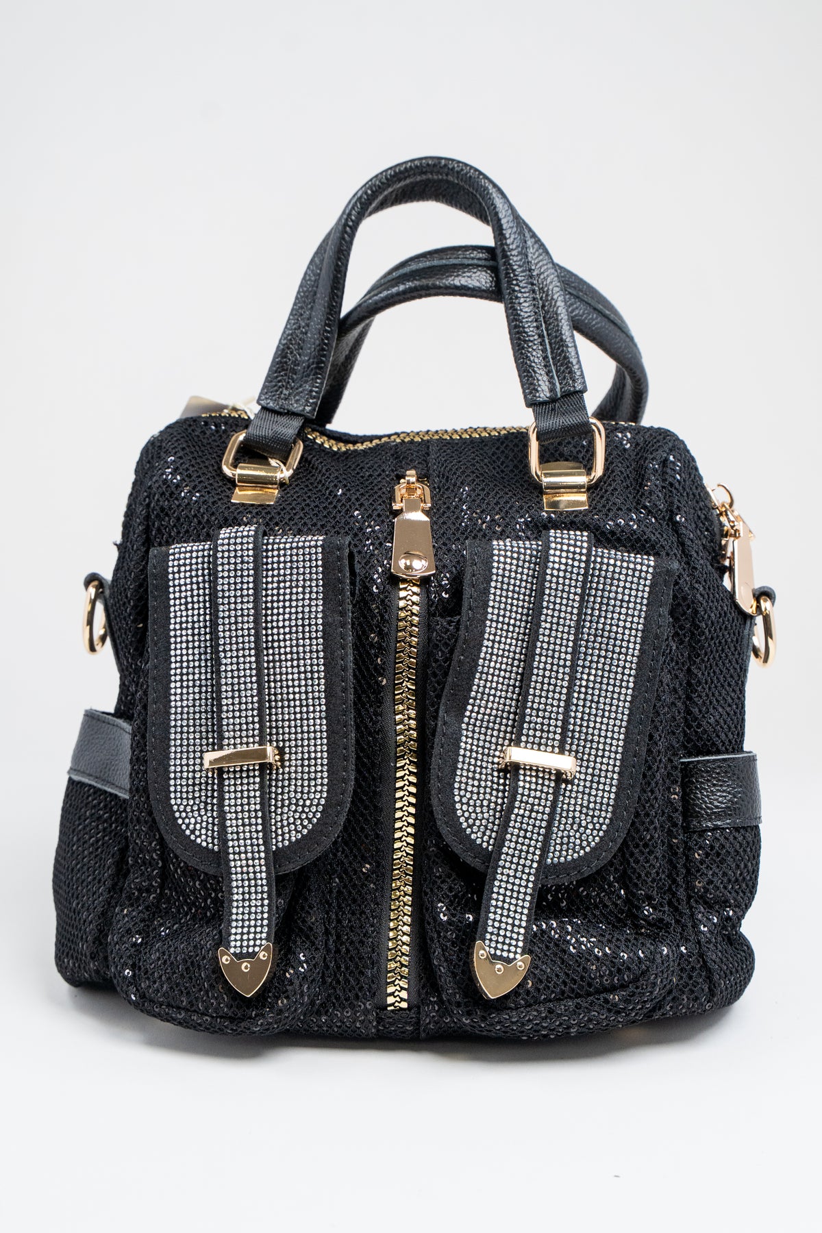 Sequin Mesh Handbag w/ Rhinestone &amp; Zipper Embellishments