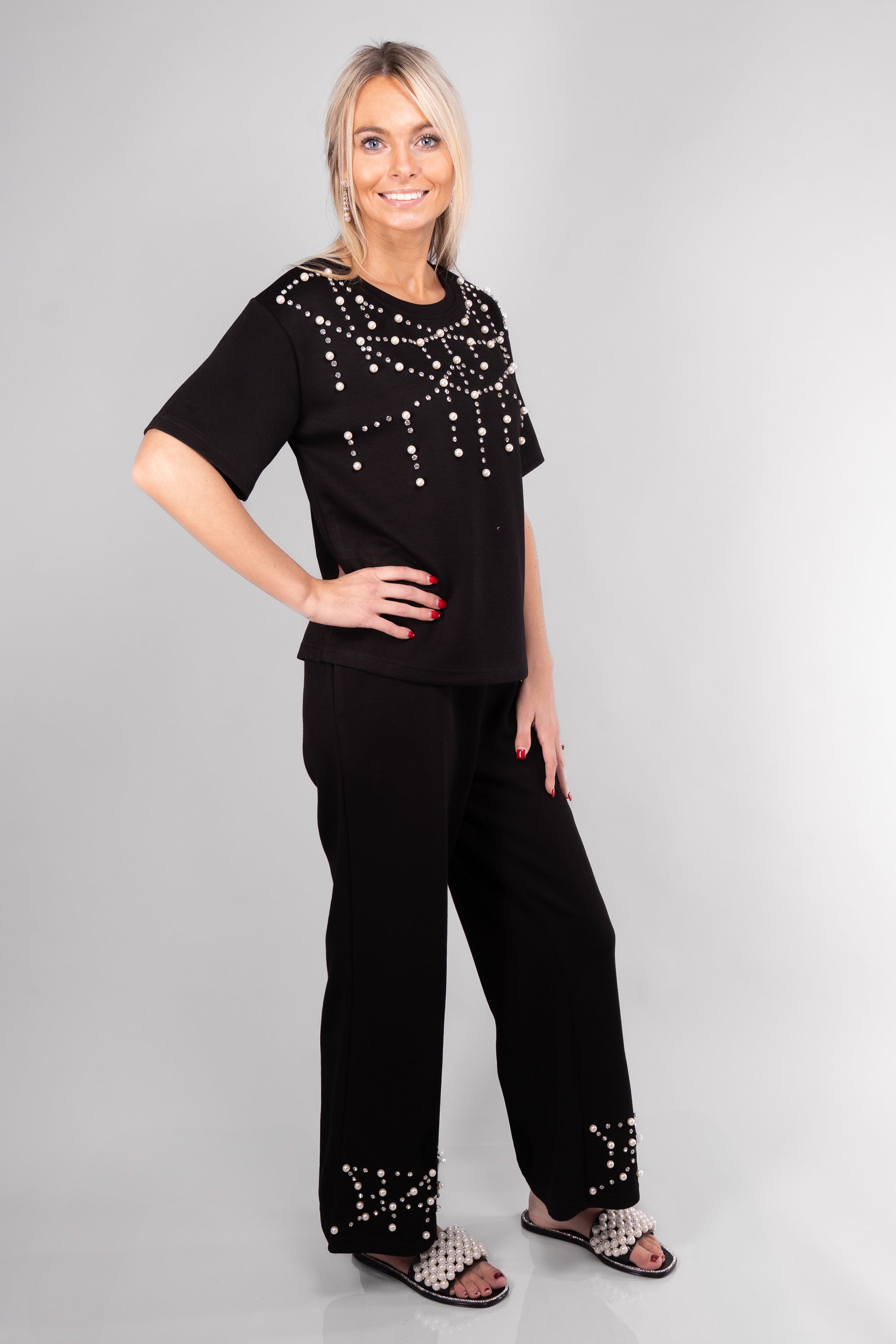 Short Sleeved Top & Joggers W/ Pearl & Rhinestone Embellishment