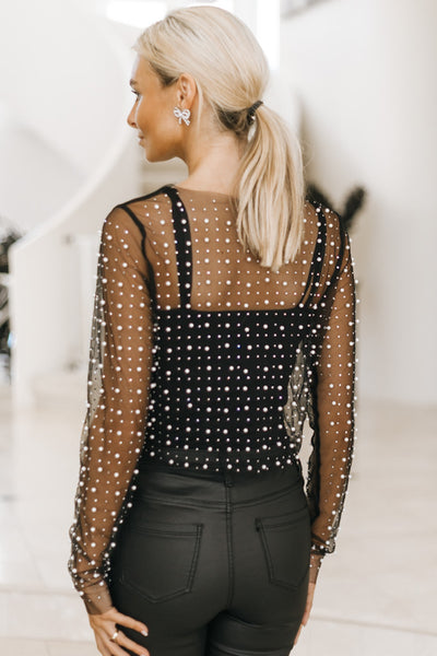 Crop Pearl & Rhinestone Mesh Top