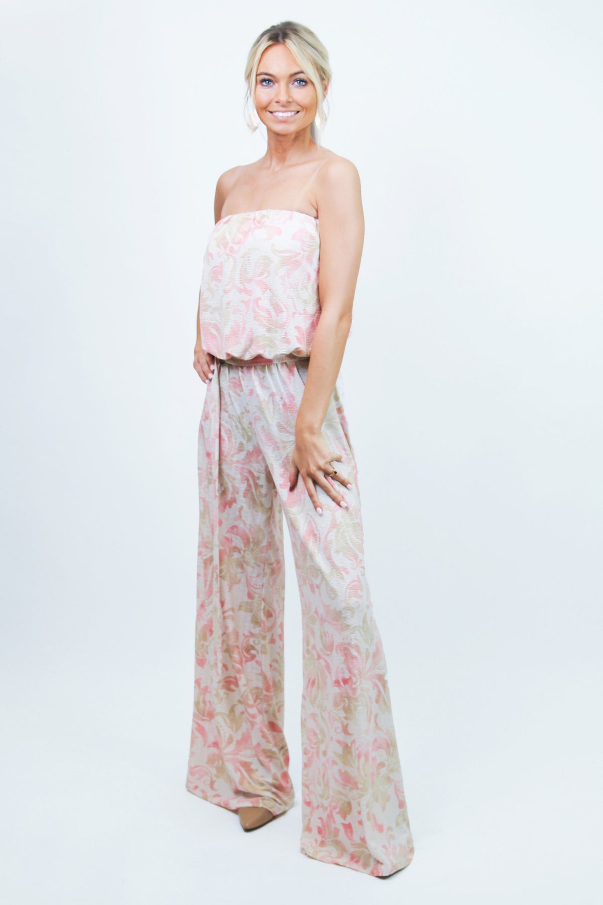 Strapless Textured Floral Wide Leg Jumpsuit w/ Belt (SALE)