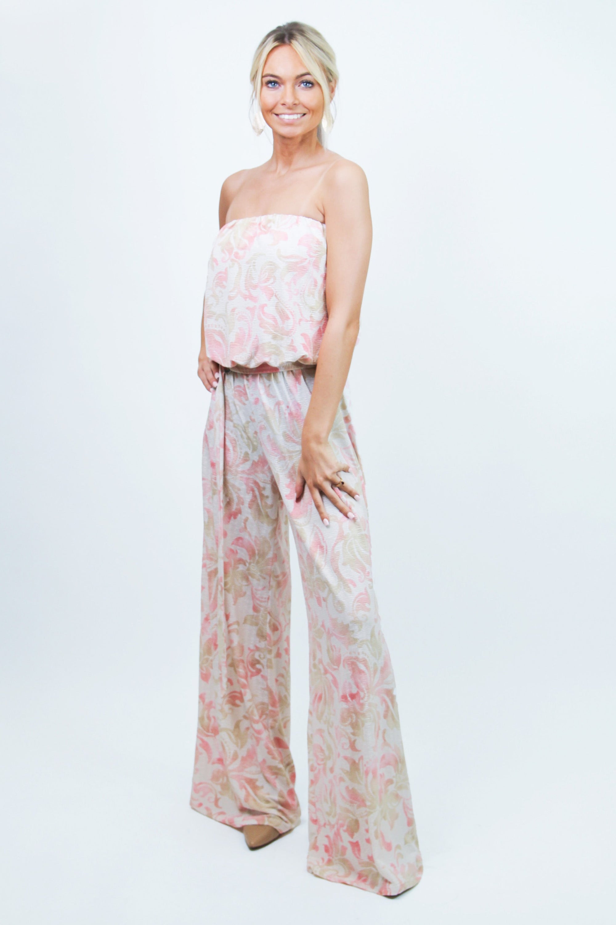 Strapless Textured Floral Wide Leg Jumpsuit w/ Belt (SALE)