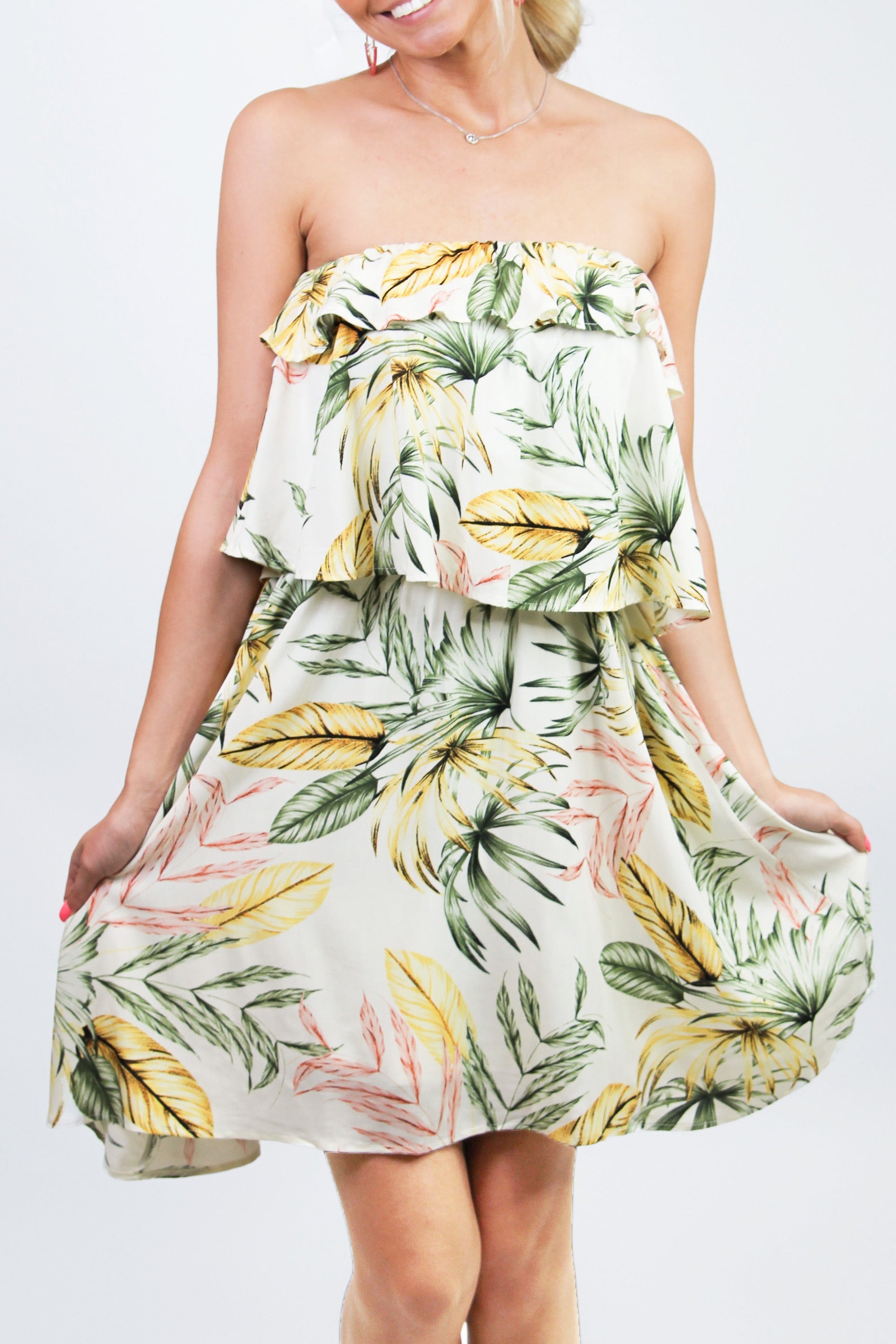 Tropical Print Strapless Flounce Dress(SALE)