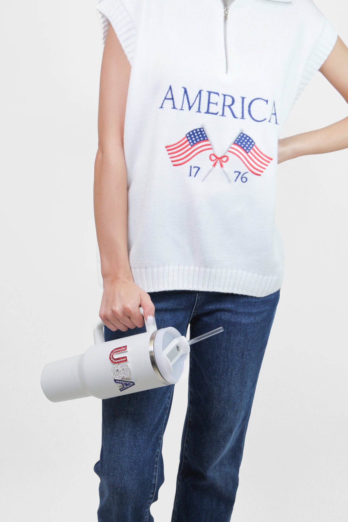 American Flag Sleeveless Half Zip Sweater Knit Top(SALE)