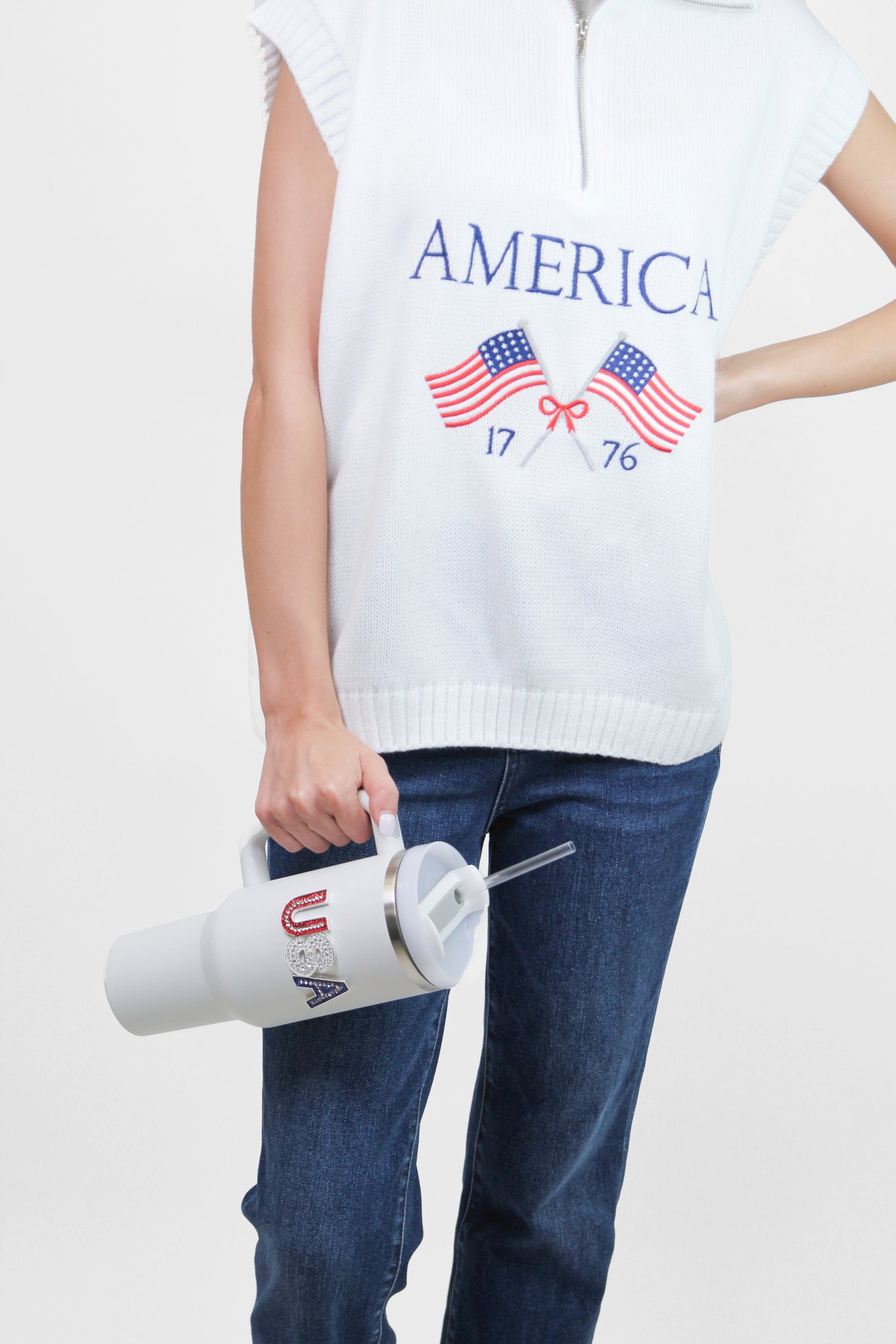 American Flag Sleeveless Half Zip Sweater Knit Top(SALE)