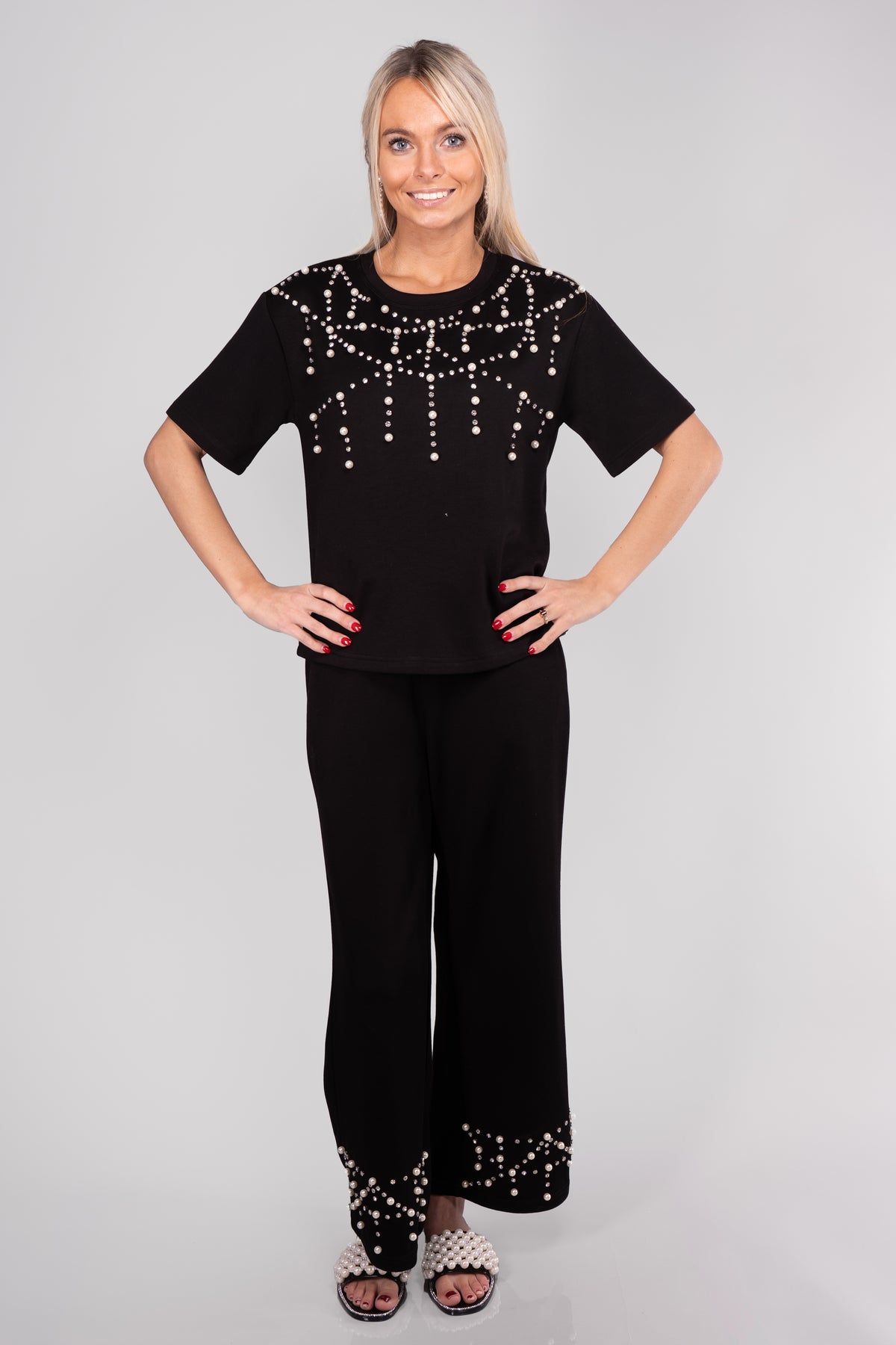 Short Sleeved Top &amp; Joggers W/ Pearl &amp; Rhinestone Embellishment