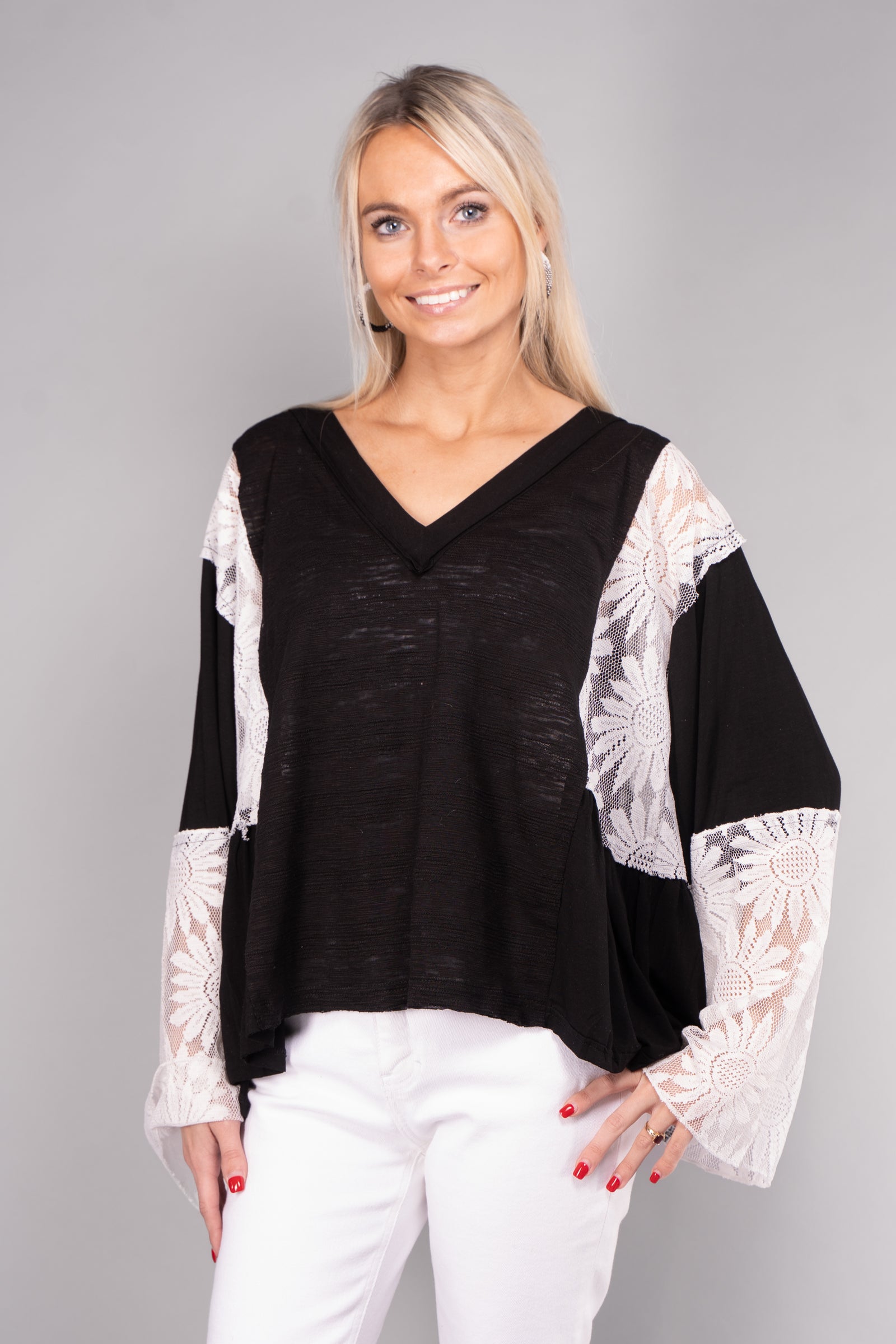 V Neck, Flare Sleeve Top with Lace Detail