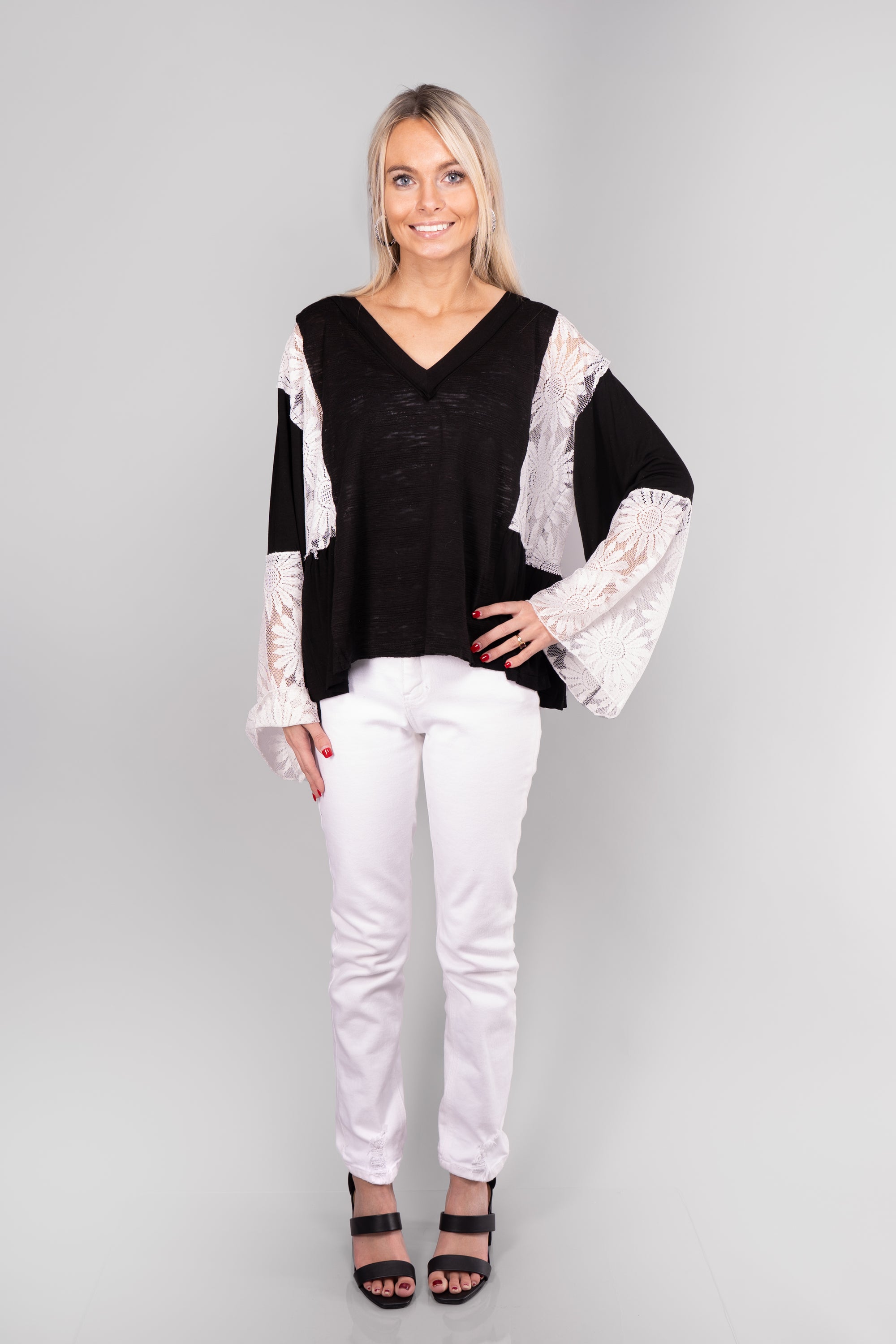 V Neck, Flare Sleeve Top with Lace Detail