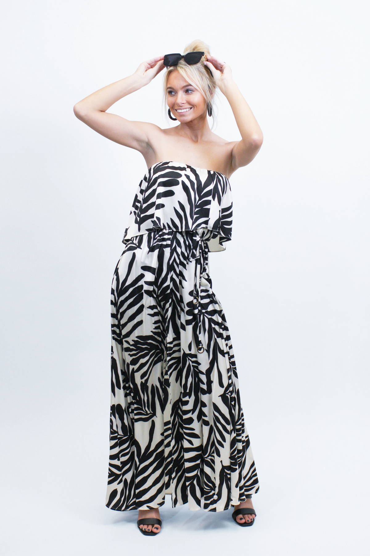 Strapless Tropical Print Silky Belted Dress w/ Front Slit