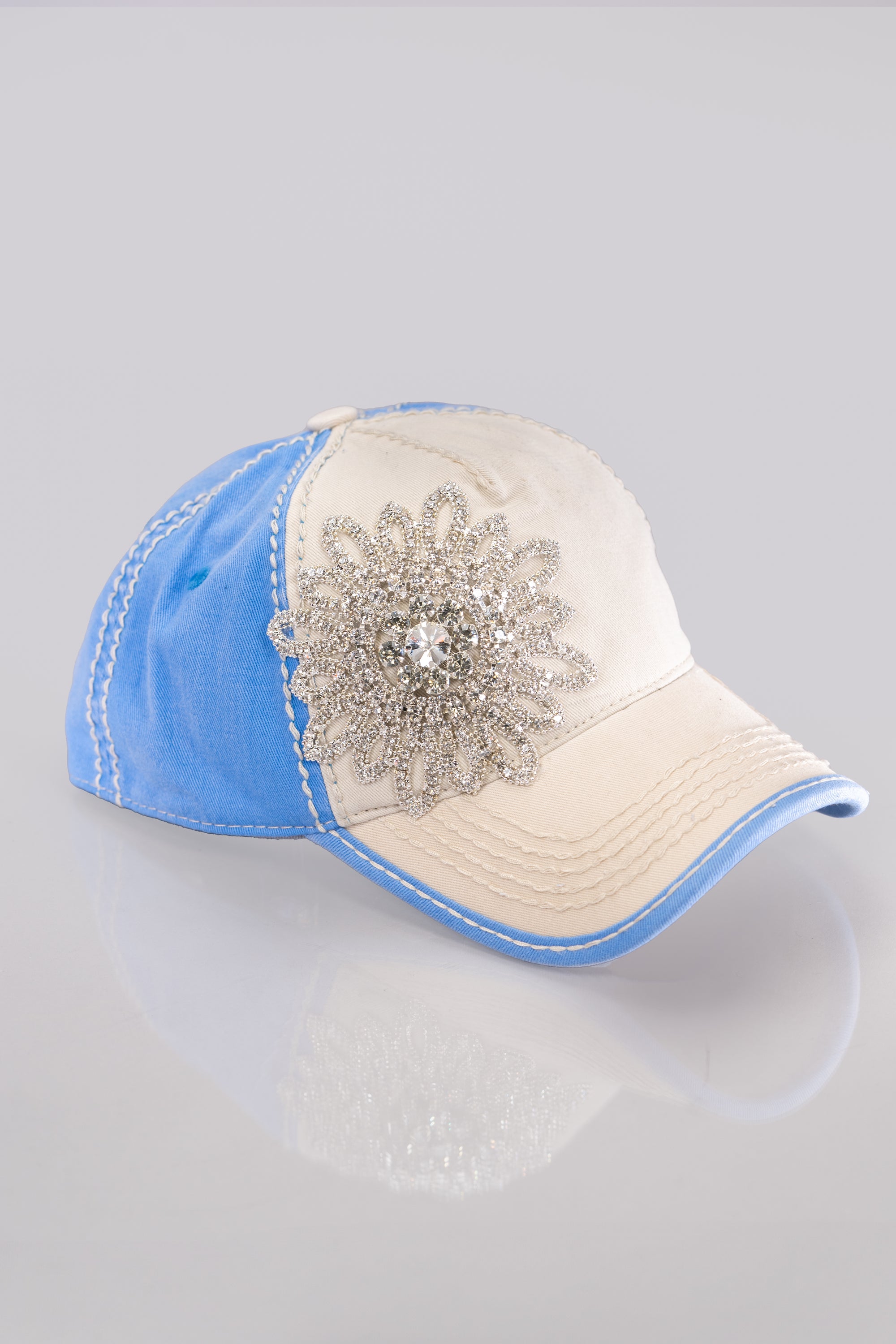 Distressed Rhinestone Flower Baseball Hat