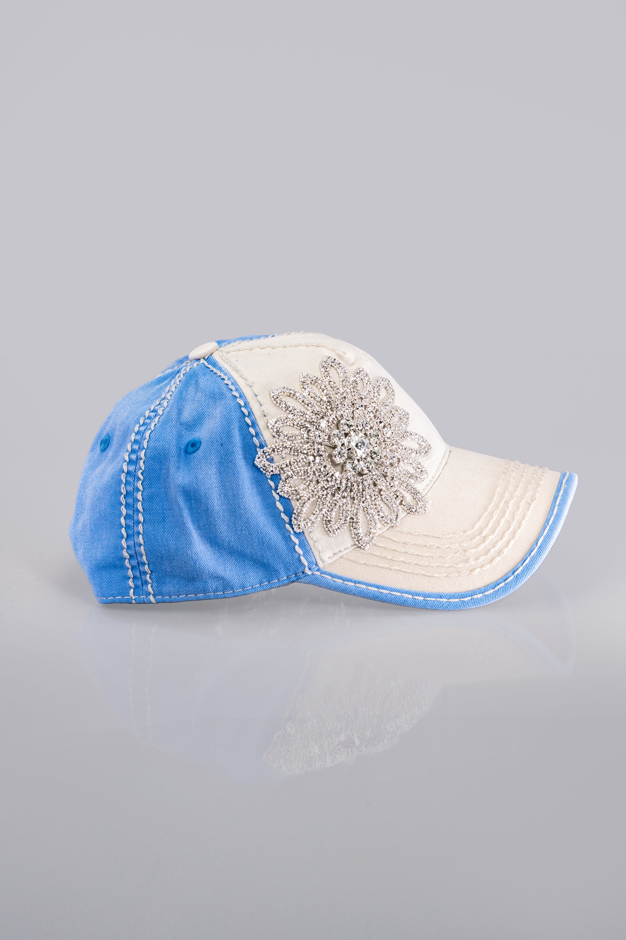 Distressed Rhinestone Flower Baseball Hat