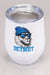 A white stainless steel tumbler with a design on the front featuring a lion wearing a blue pom beanie and black sunglasses. Beneath the lion it says 'DETROIT' in a bold blue serif font.