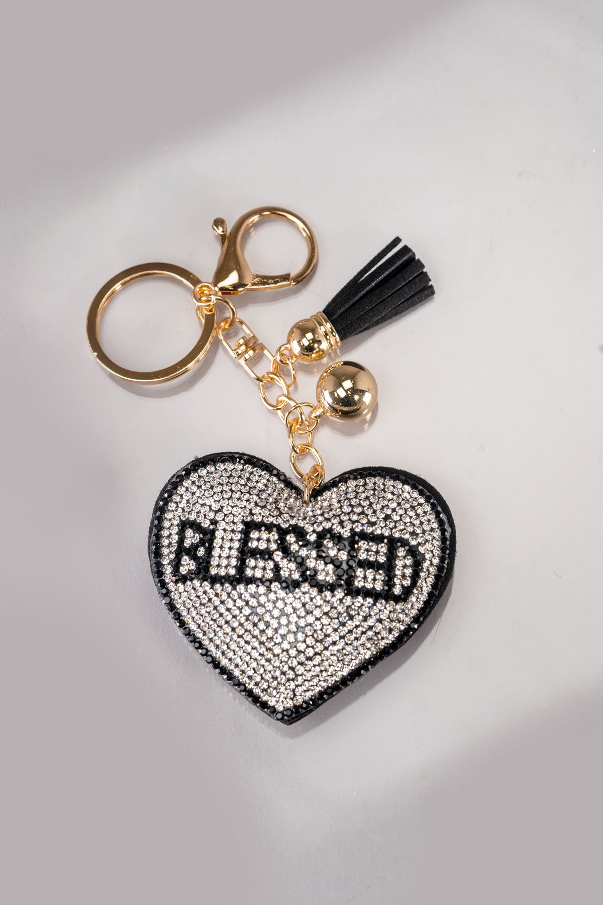 Rhinestone Blessed Puffy Heart Tassel Keychain