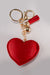 A front view of a red rhinestone puffy heart keychain with 'Love' spelled out in silver rhinestones and gold hardware.