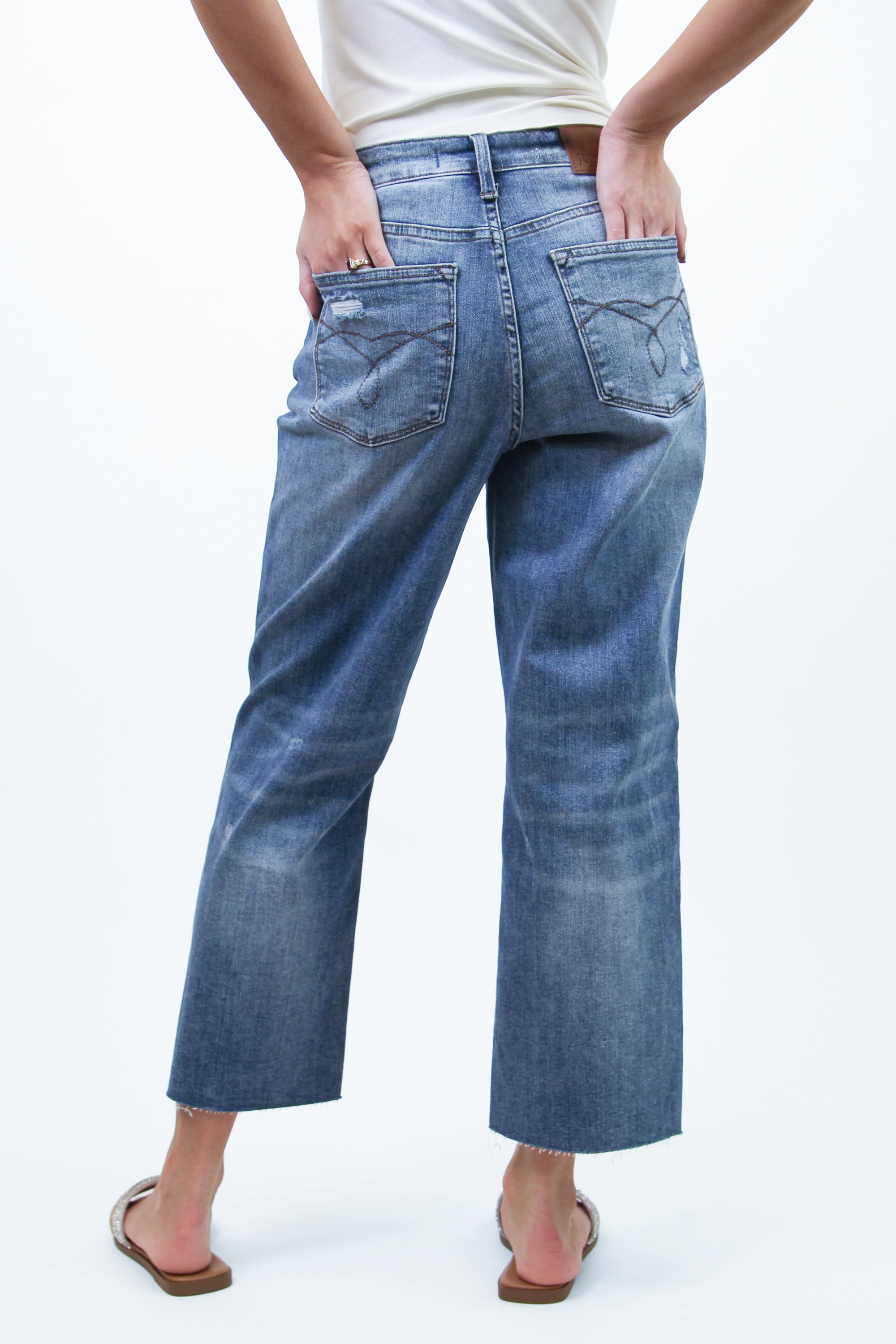 High Waist Distressed Cropped Jeans w/ Raw Hem