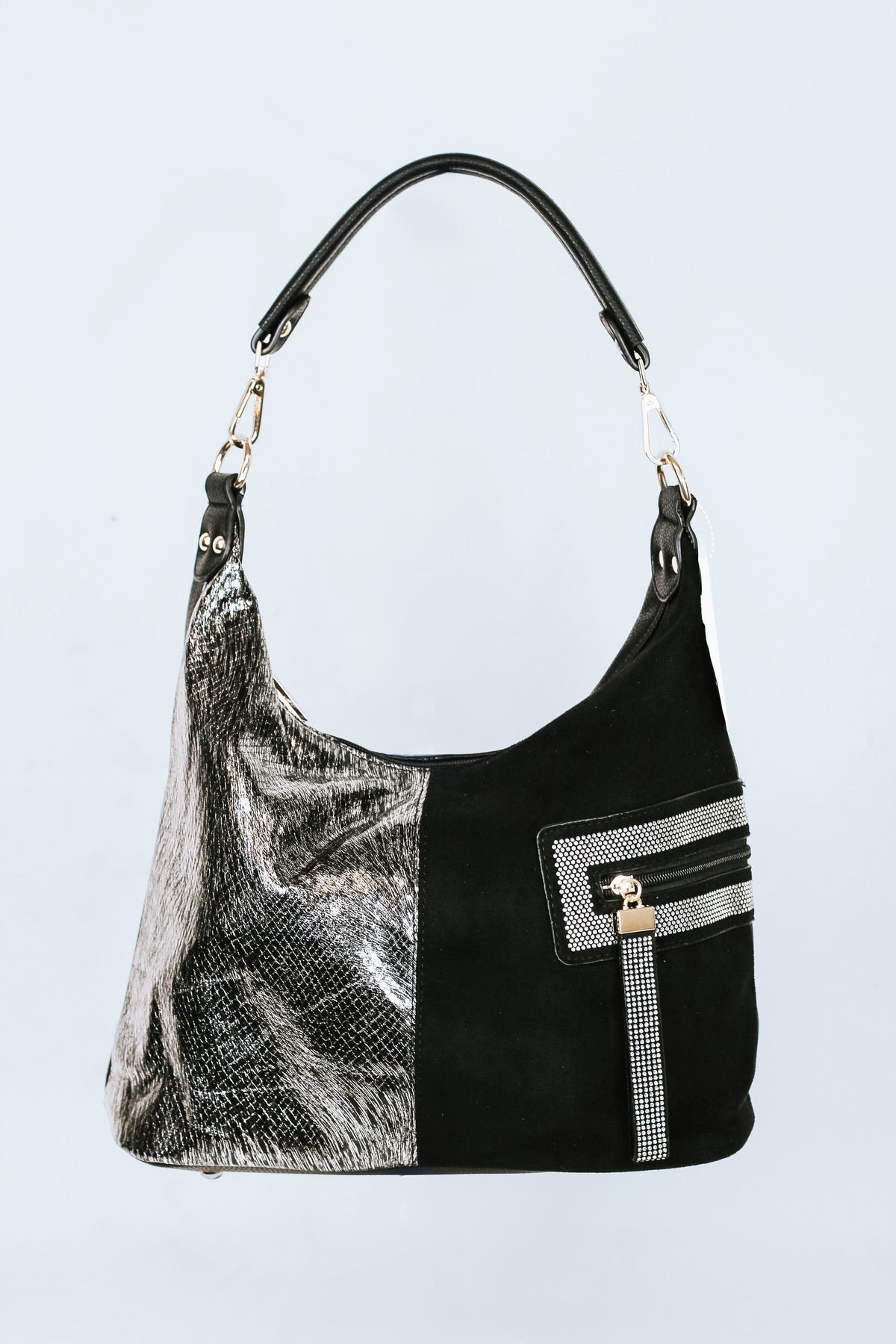 One Handle Faux Snakeskin & Faux Suede Purse w/ Rhinestone Accents