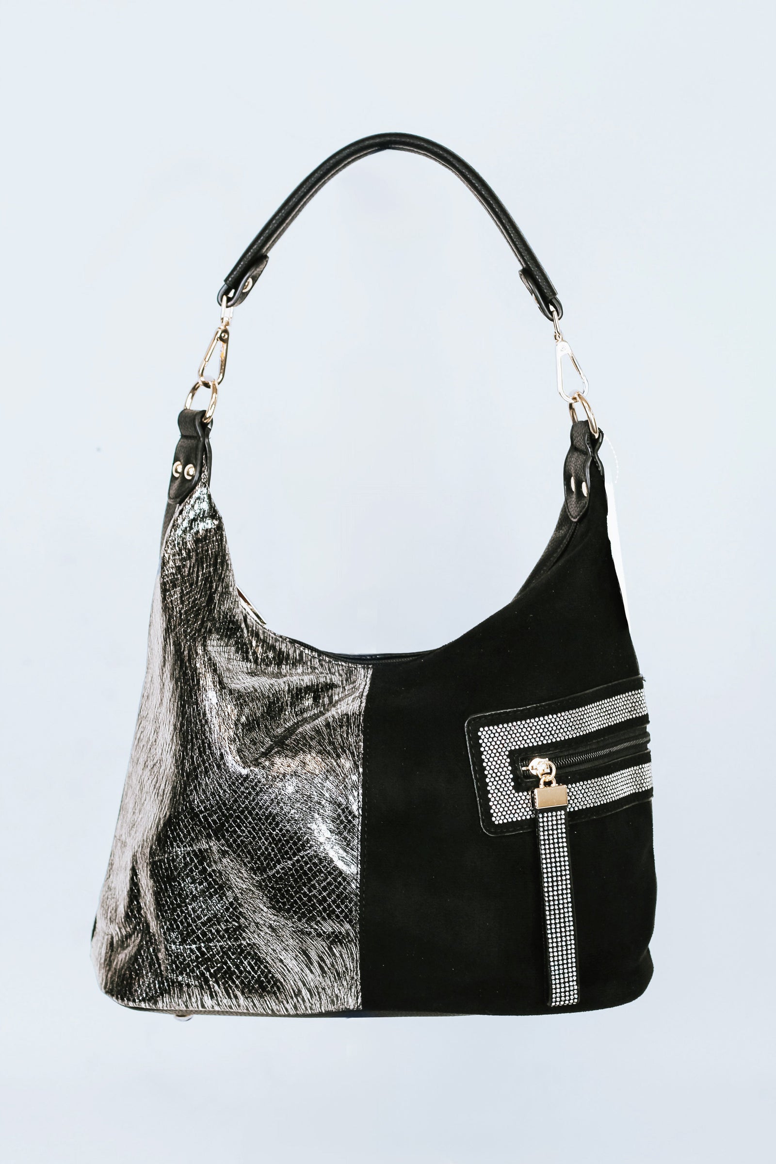 One Handle Faux Snakeskin & Faux Suede Purse w/ Rhinestone Accents