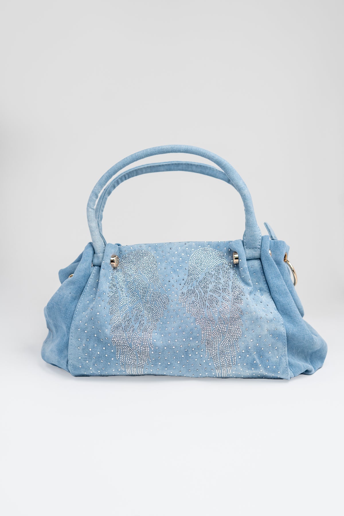 Stone Washed Denim Handbag w/ Rhinestone Angel Wings