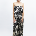 Strapless Tropical Print Silky Belted Dress w/ Front Slit
