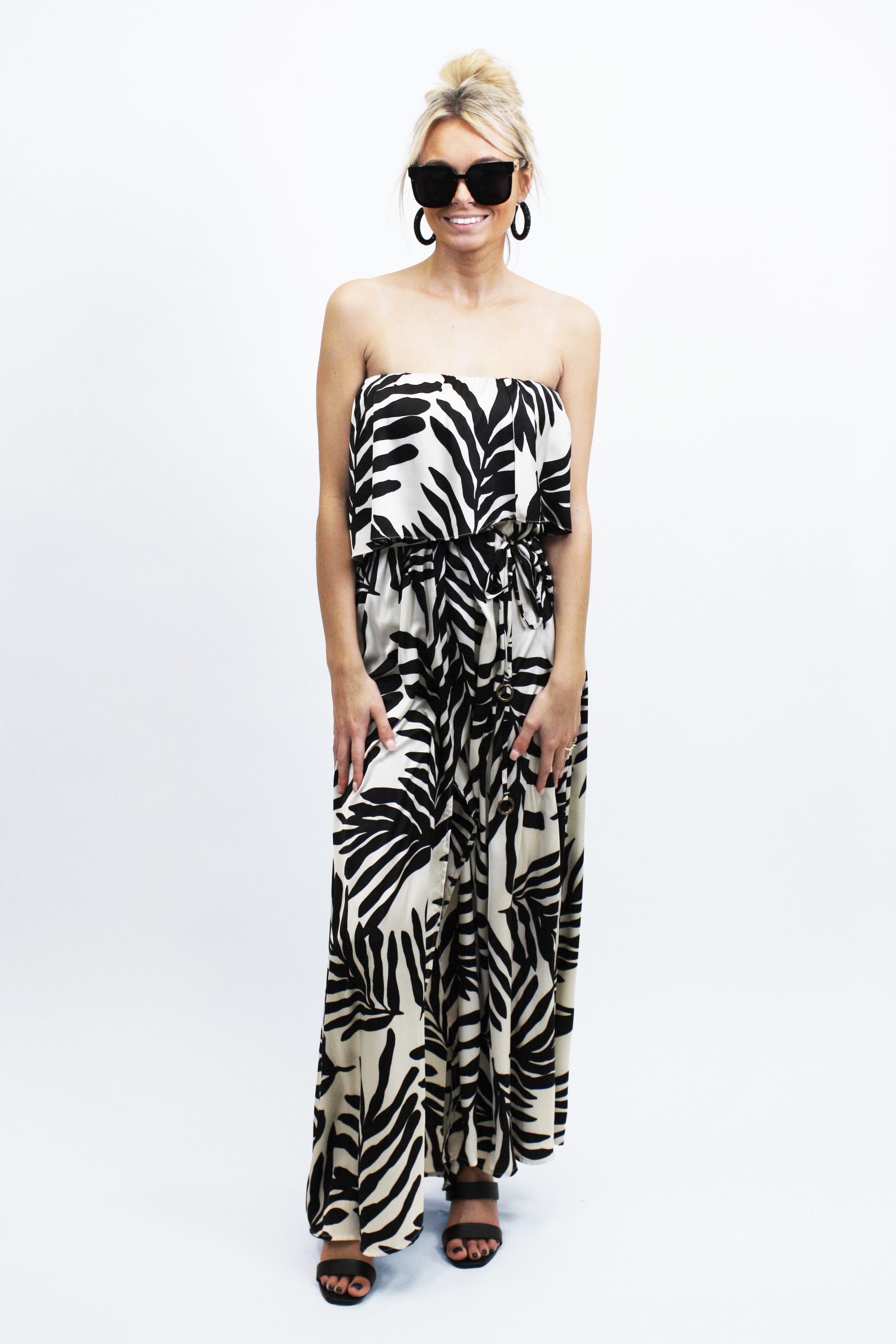 Strapless Tropical Print Silky Belted Dress w/ Front Slit