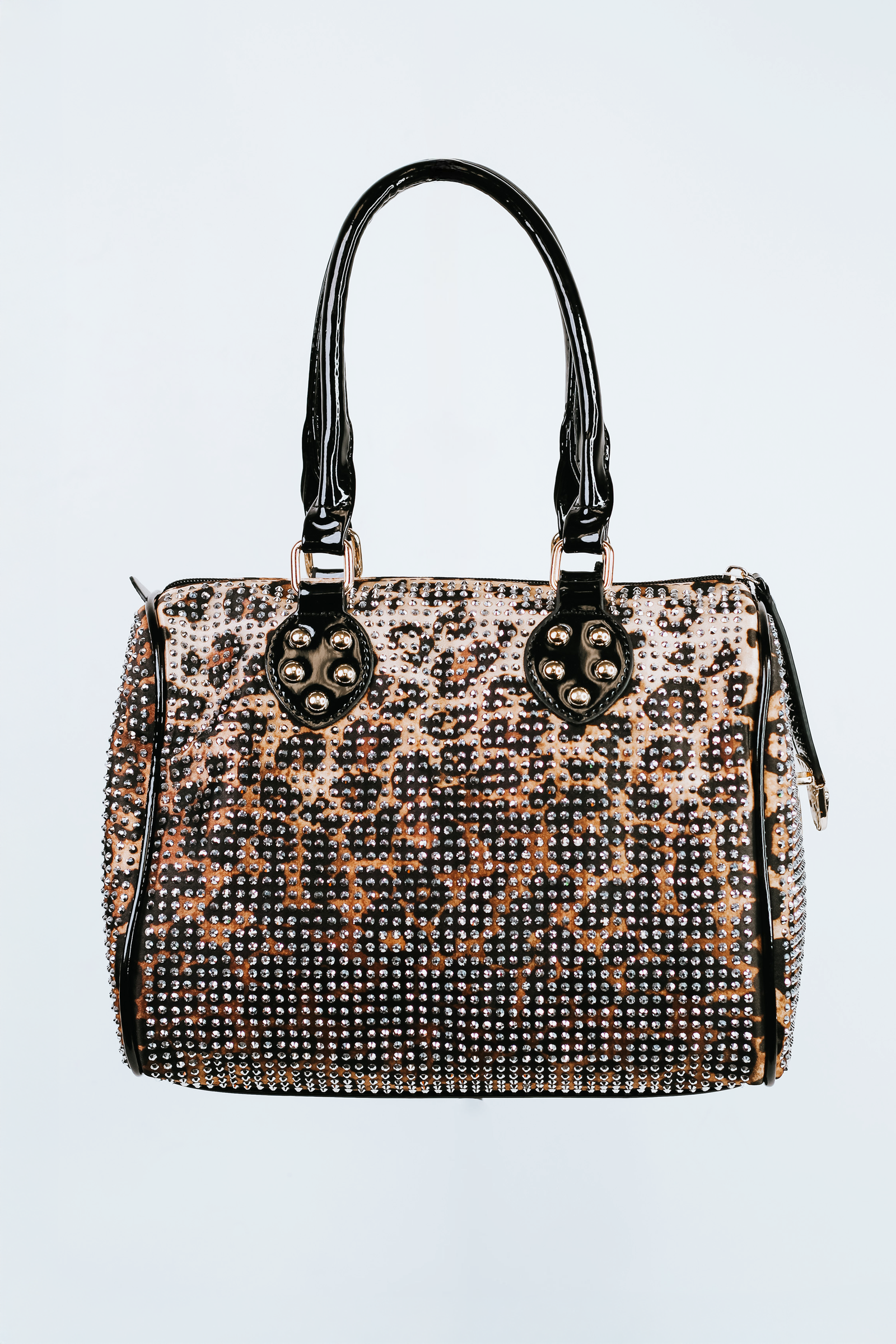 All Over Rhinestone Duffle Purse w/ Faux Patent Leather Accents