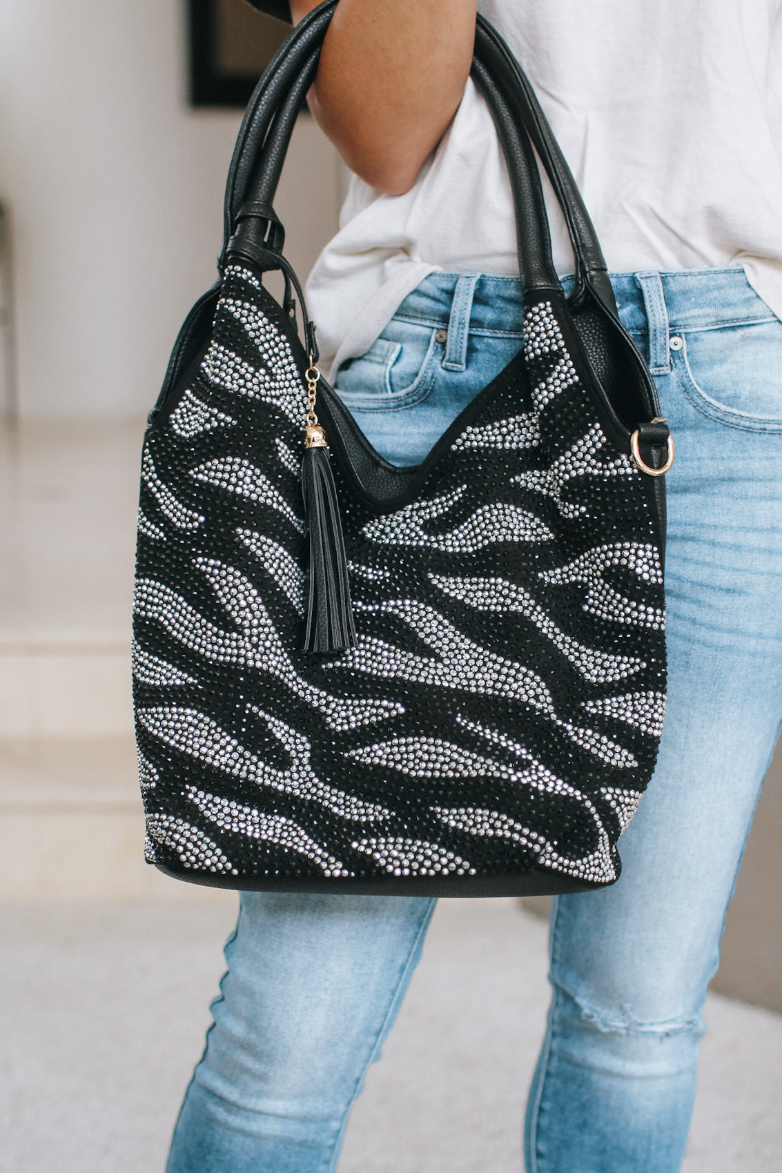 Rhinestone Zebra V Top Purse