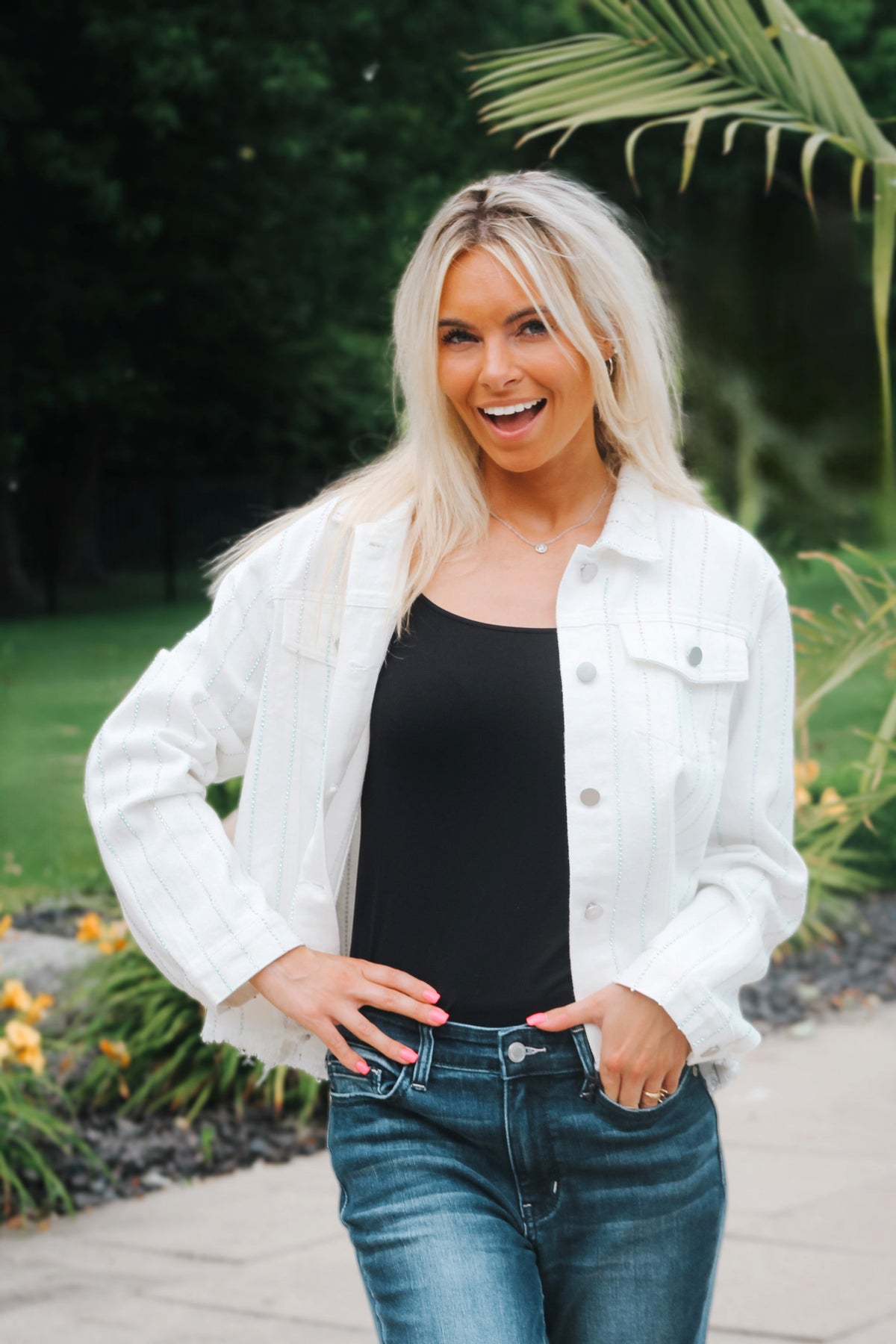 Denim Jacket w/ Rhinestone Stripe Detail