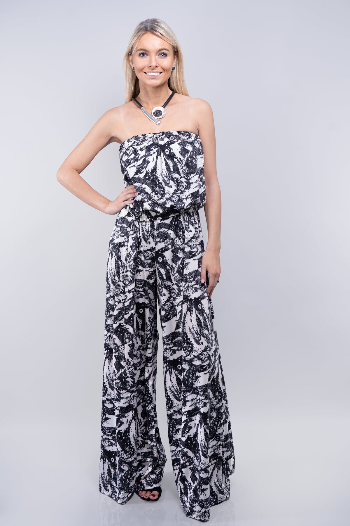 Shimmer Printed Strapless Jumpsuit with Belt