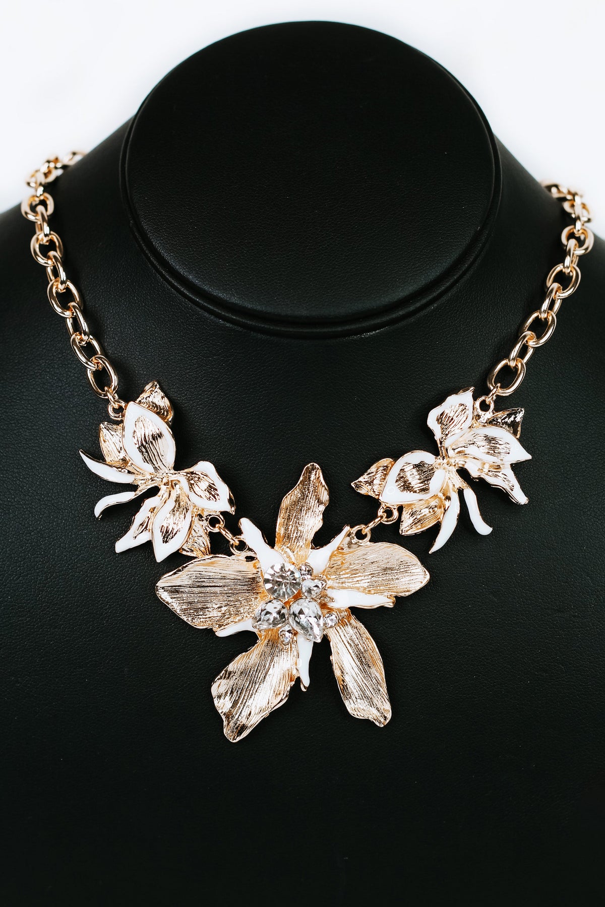 Chain Necklace w/ Metal Flowers &amp; Gemstone Center