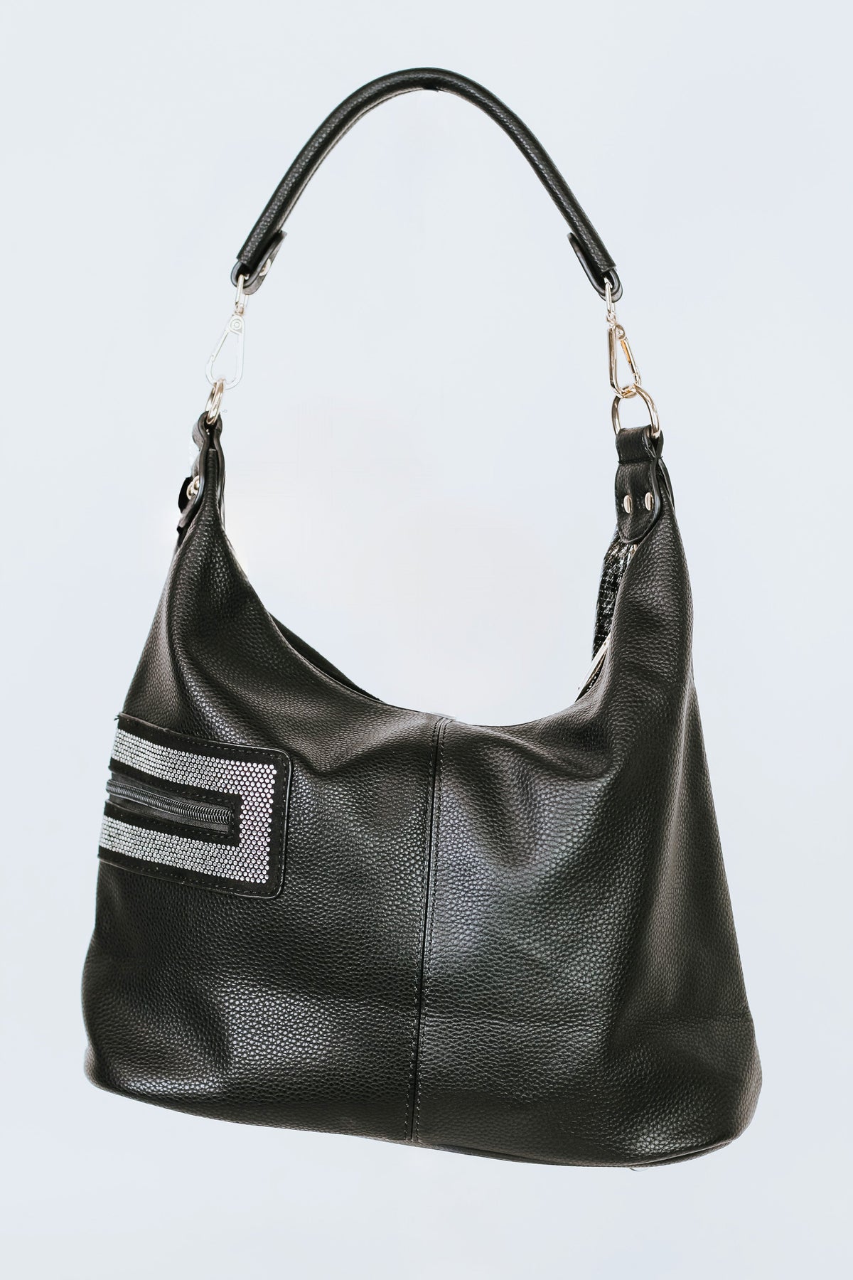 One Handle Faux Snakeskin & Faux Suede Purse w/ Rhinestone Accents