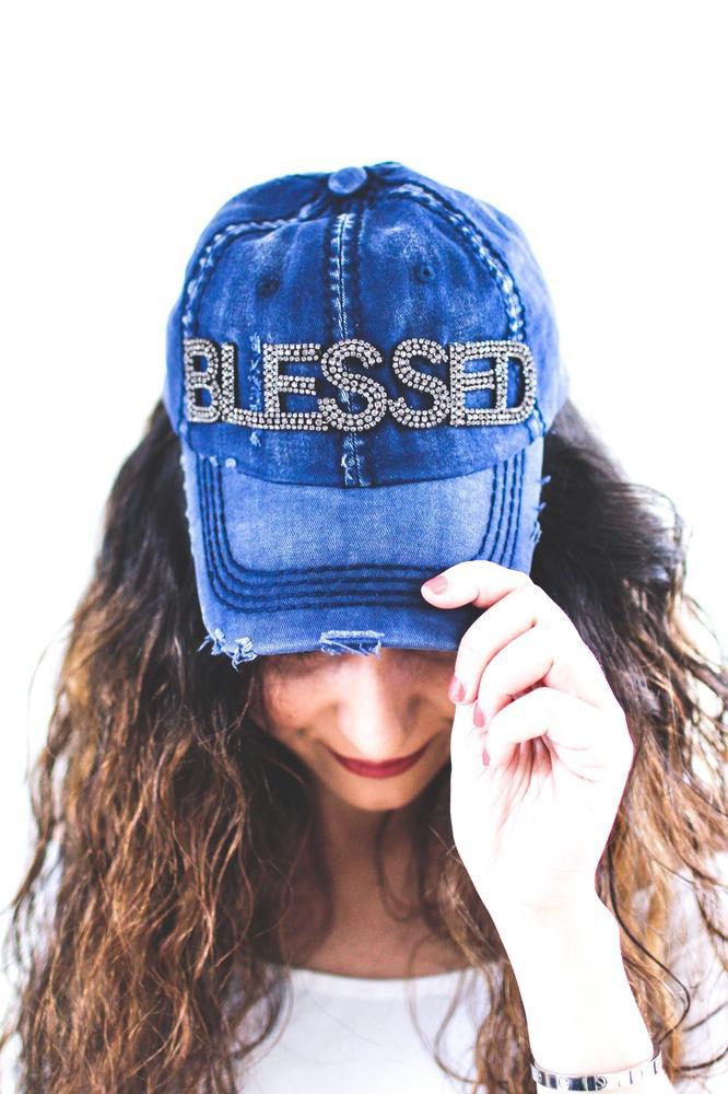 Distressed Rhinestone Blessed Baseball Hat