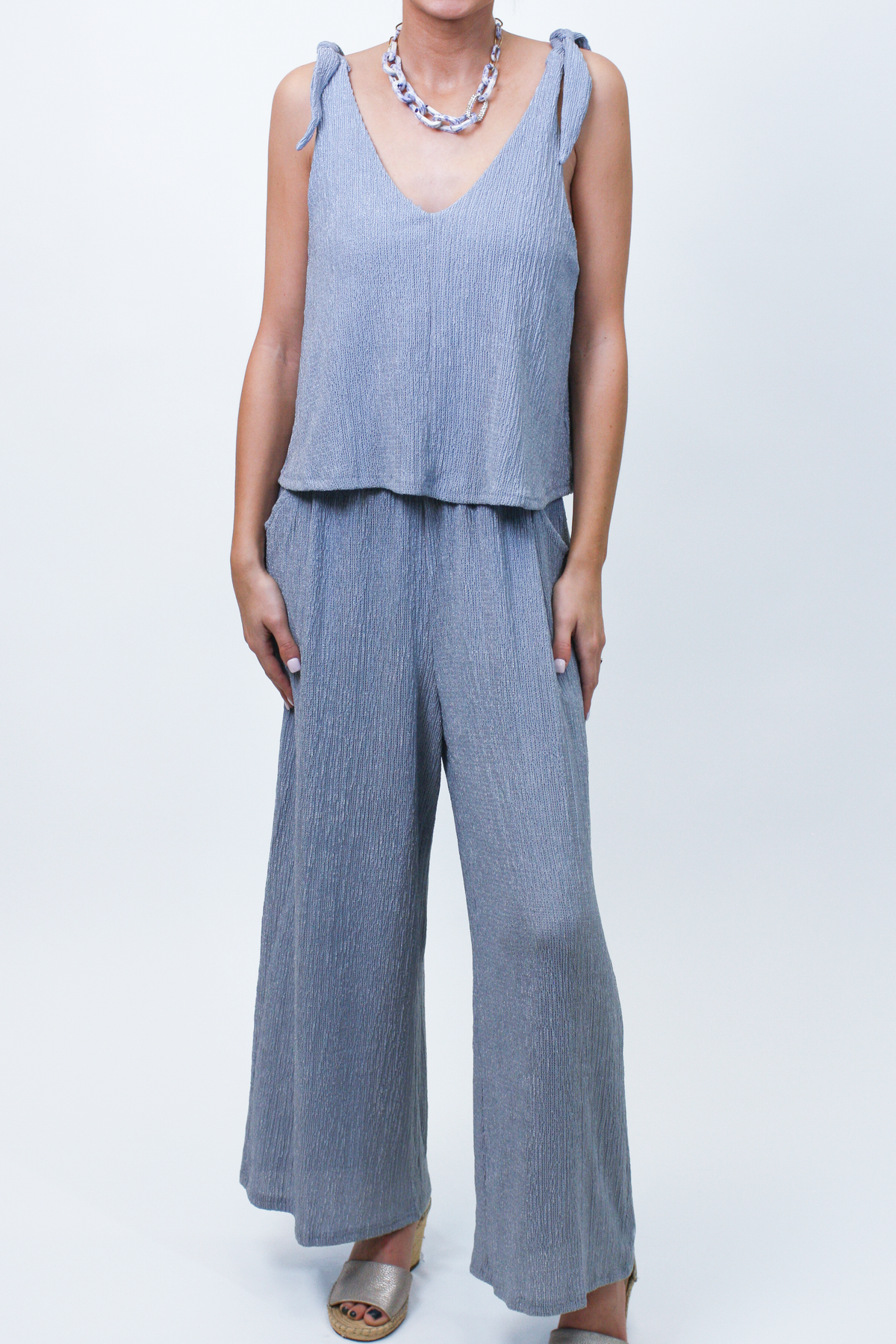 Crinkle Knit V-Neck Sleeveless Jumpsuit w/ Shoulder Ties