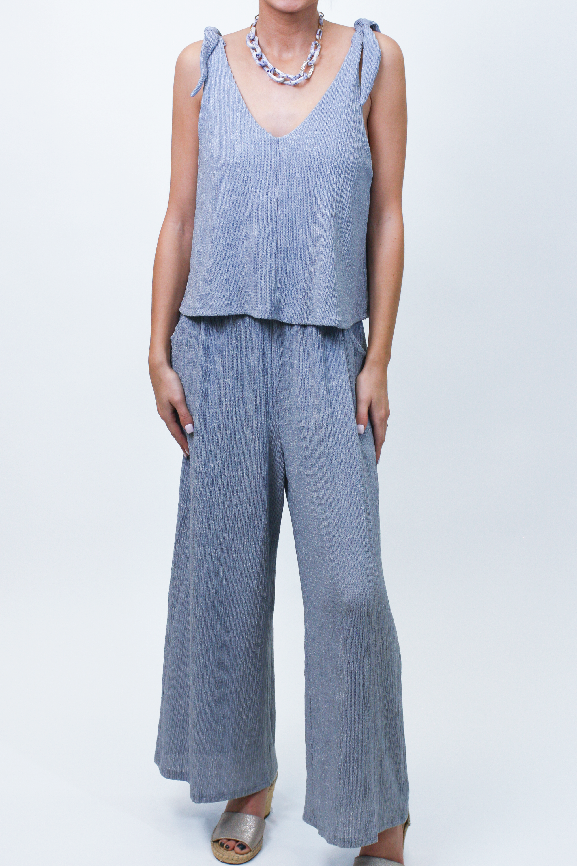 Crinkle Knit V-Neck Sleeveless Jumpsuit w/ Shoulder Ties