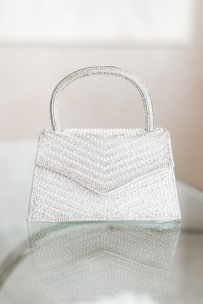 All Pearl & Two Row Rhinestone Chevron Clutch