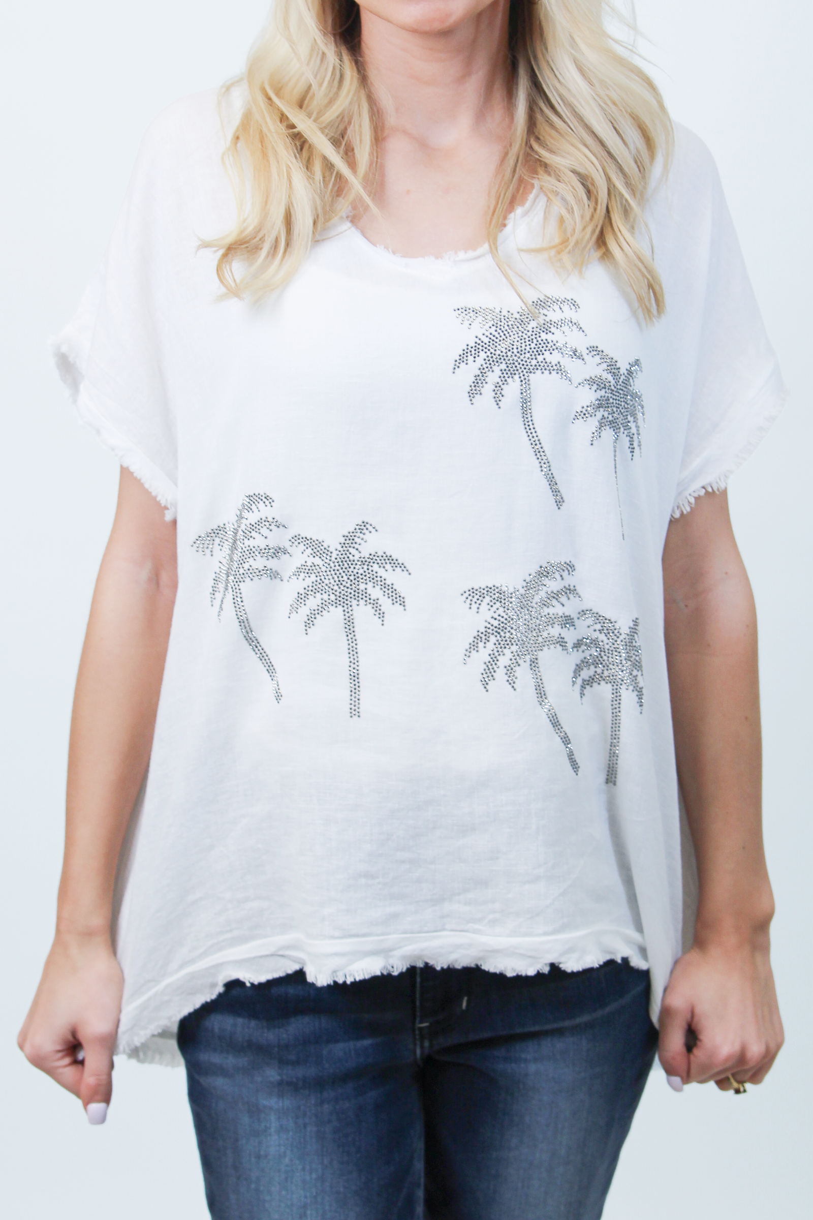 Raw Hem Rhinestone Palm Tree T-Shirt