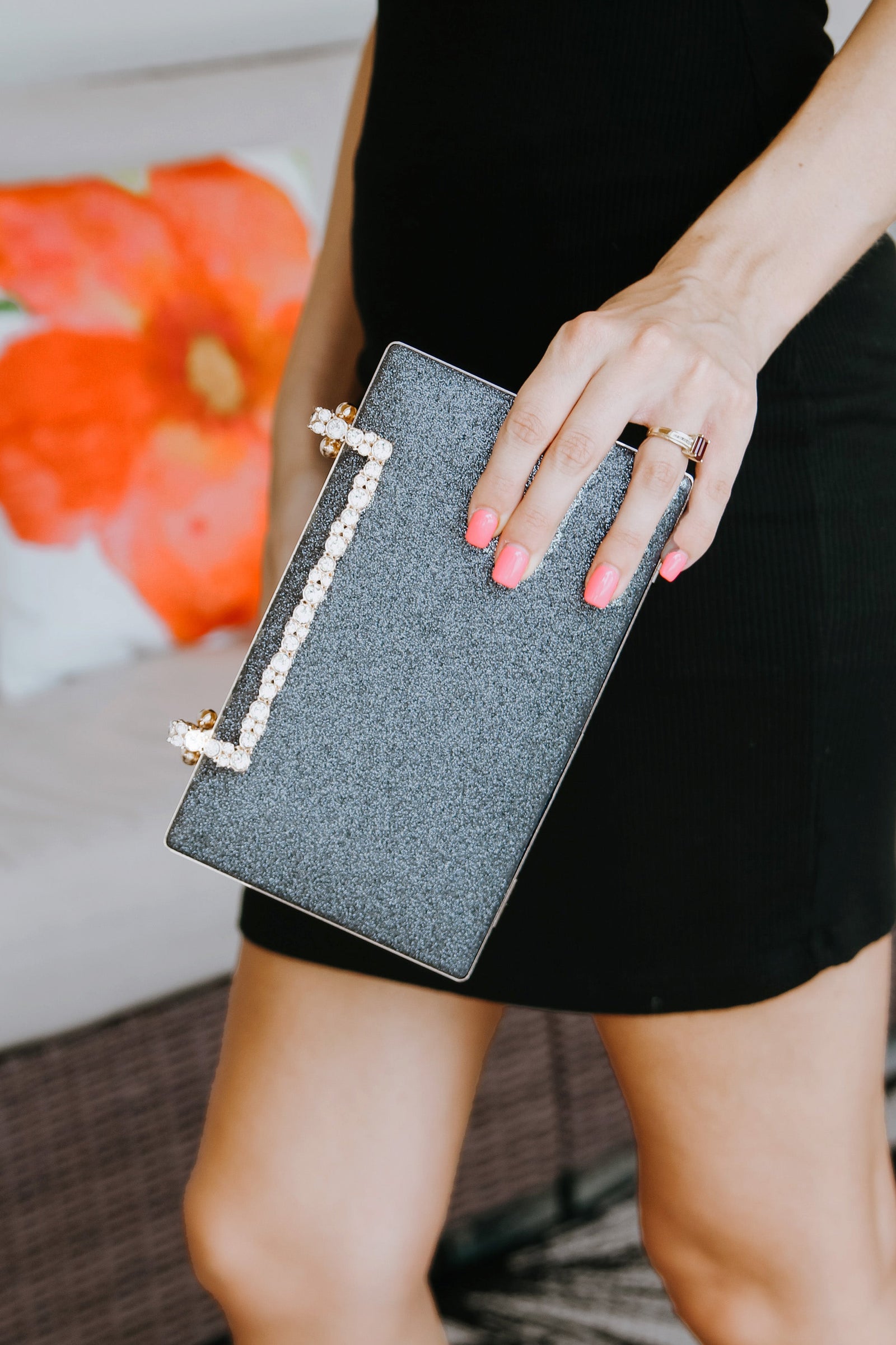 Glitter Vinyl Clutch Purse w/ Rectangle Rhinestone Closure