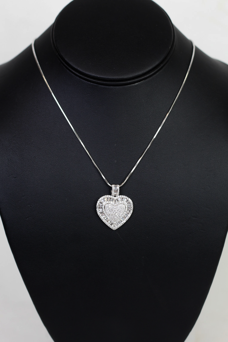 Rhinestone Heart Necklace w/ Baguette &amp; Pave Trim