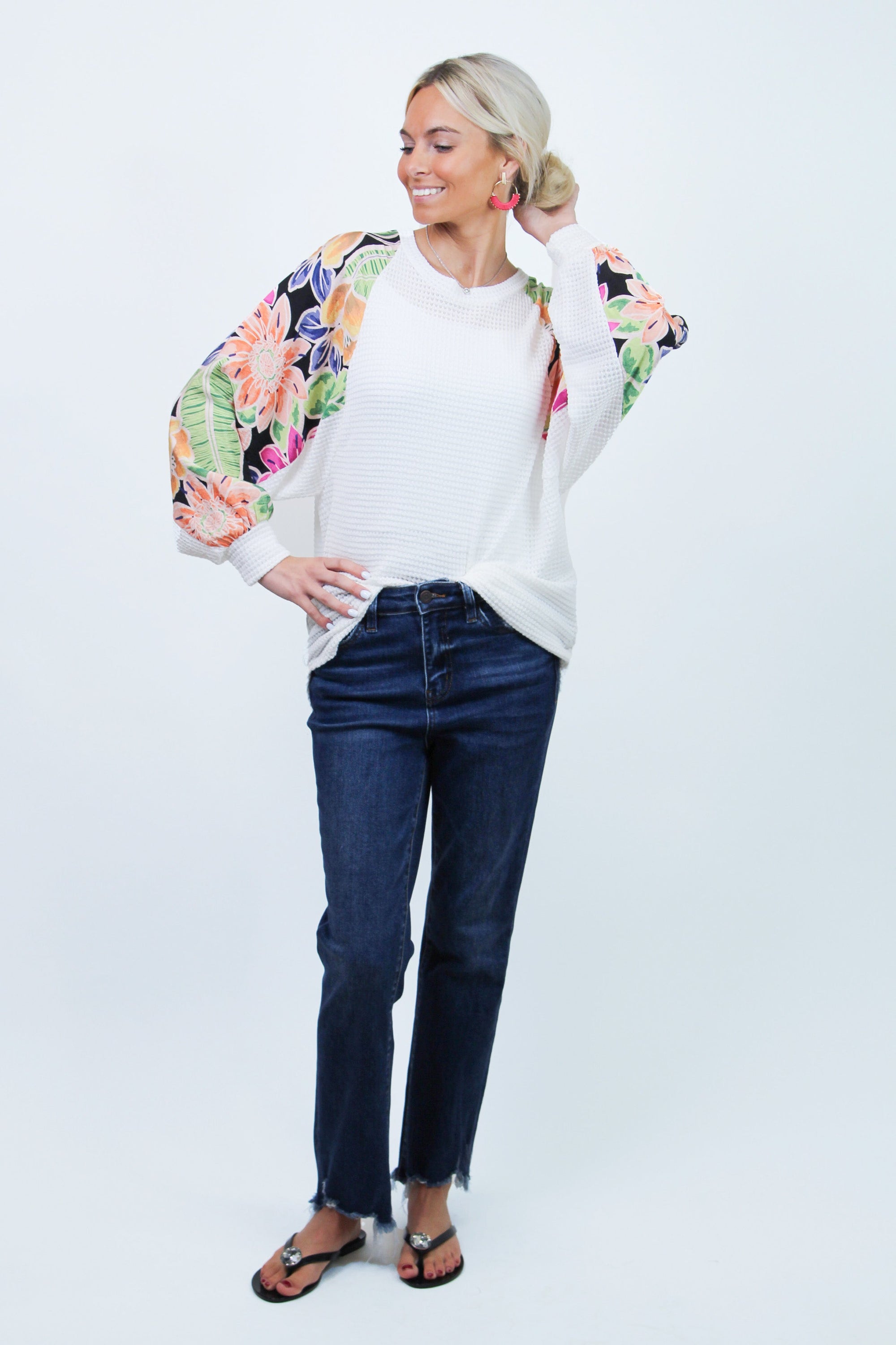 Thermal Knit Top w/ Long Floral Print Sleeves